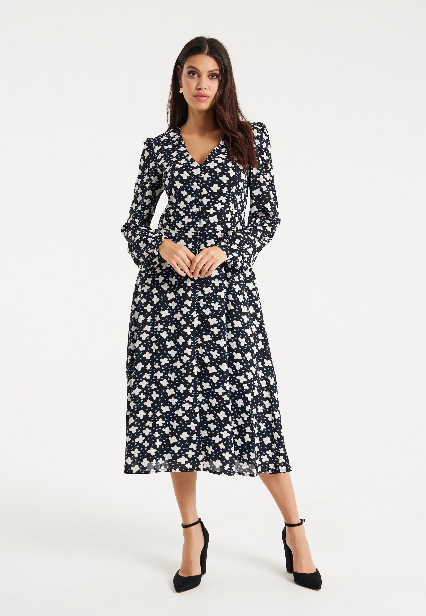 Women's Midi Dress with Puffy Sleeves in Black - Floral and Heart Print by Liquorish