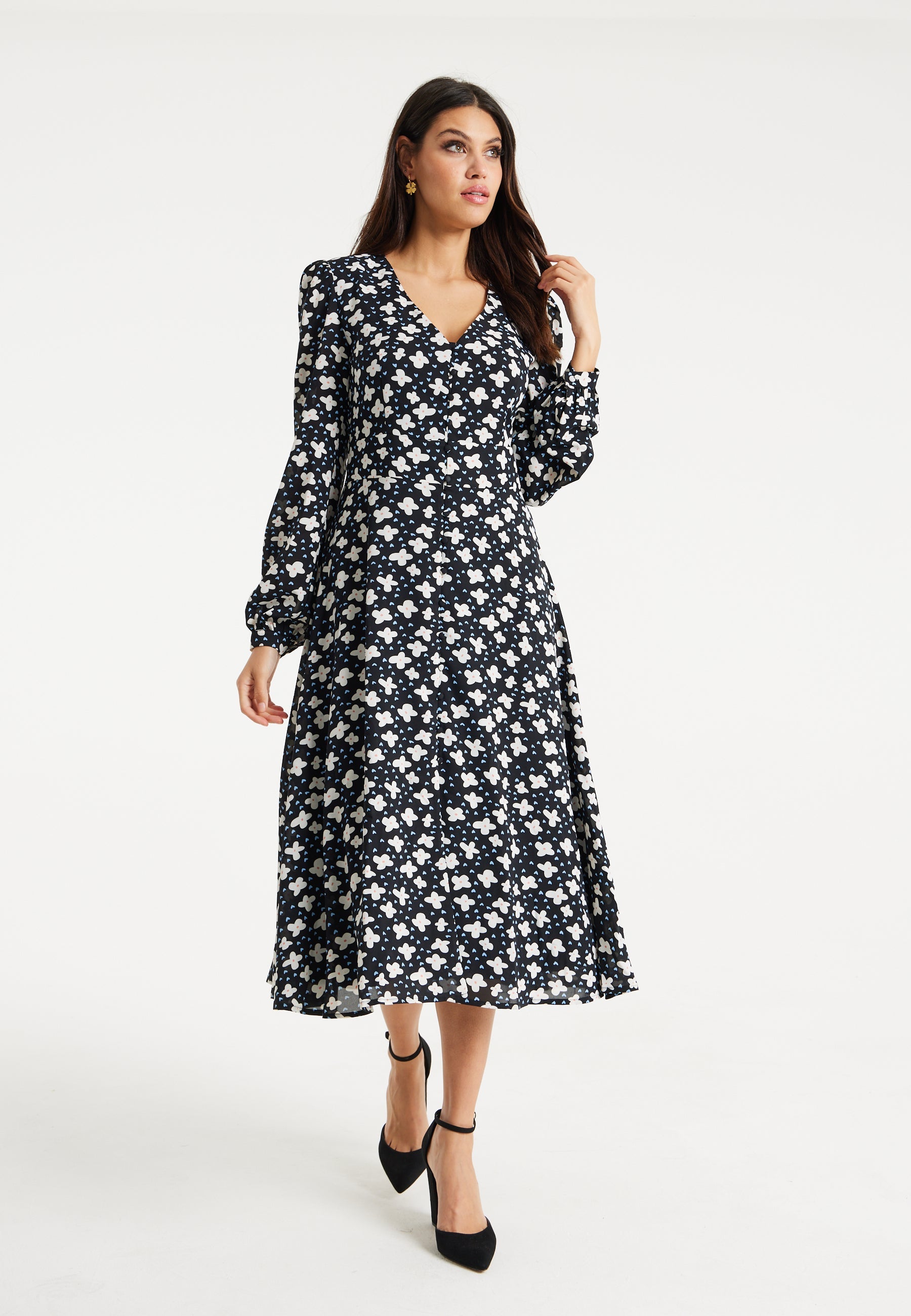 Women's Midi Dress with Puffy Sleeves in Black - Floral and Heart Print by Liquorish