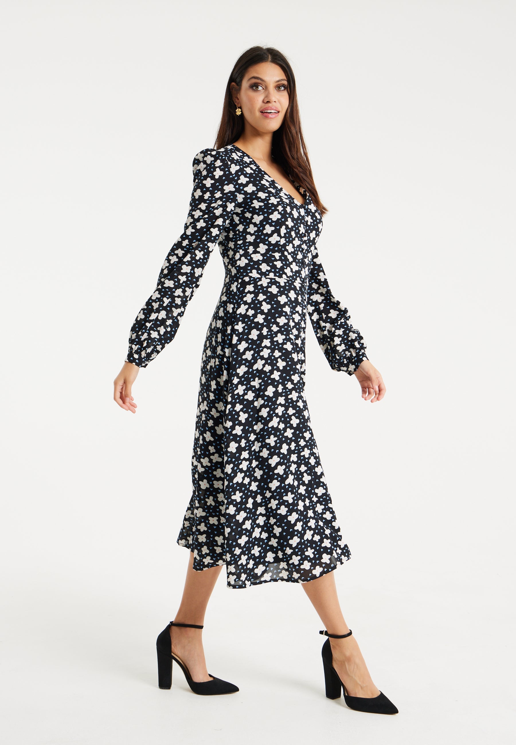 Women's Midi Dress with Puffy Sleeves in Black - Floral and Heart Print by Liquorish