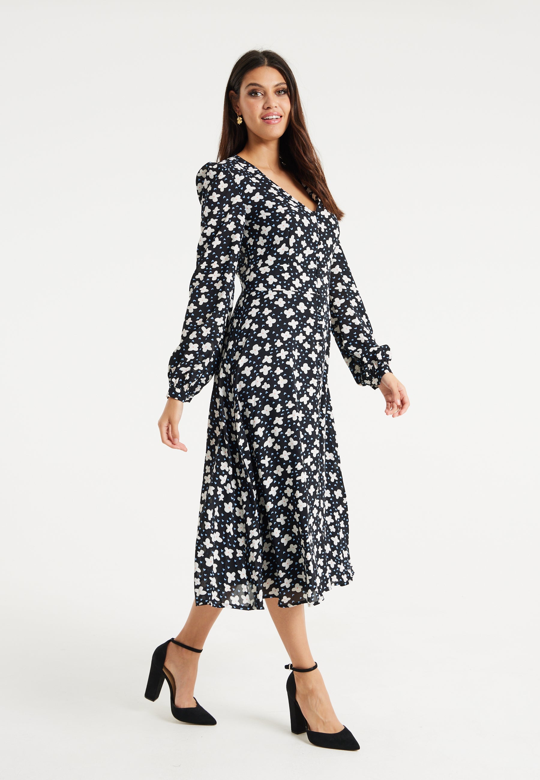Women's Midi Dress with Puffy Sleeves in Black - Floral and Heart Print by Liquorish
