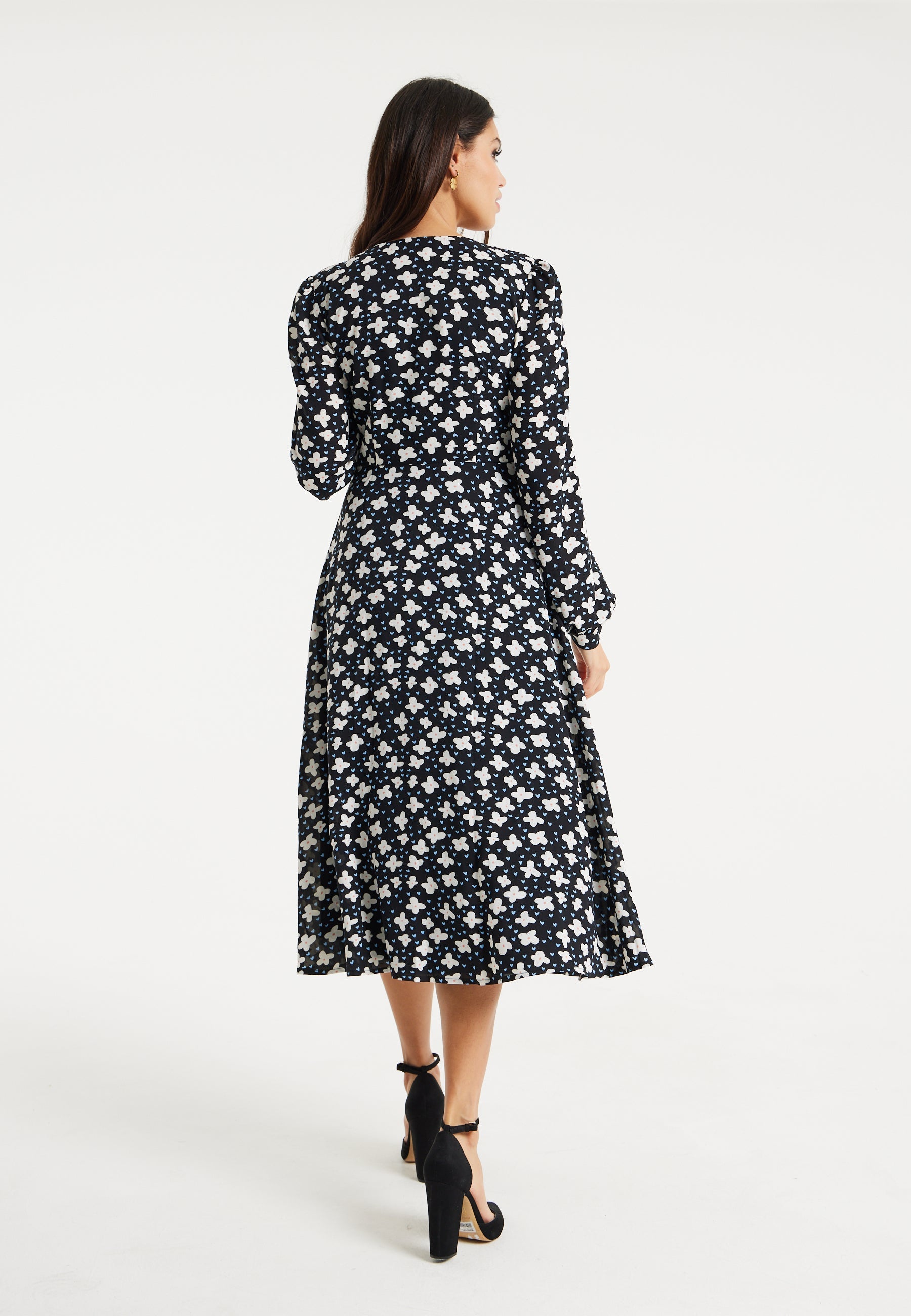 Women's Midi Dress with Puffy Sleeves in Black - Floral and Heart Print by Liquorish