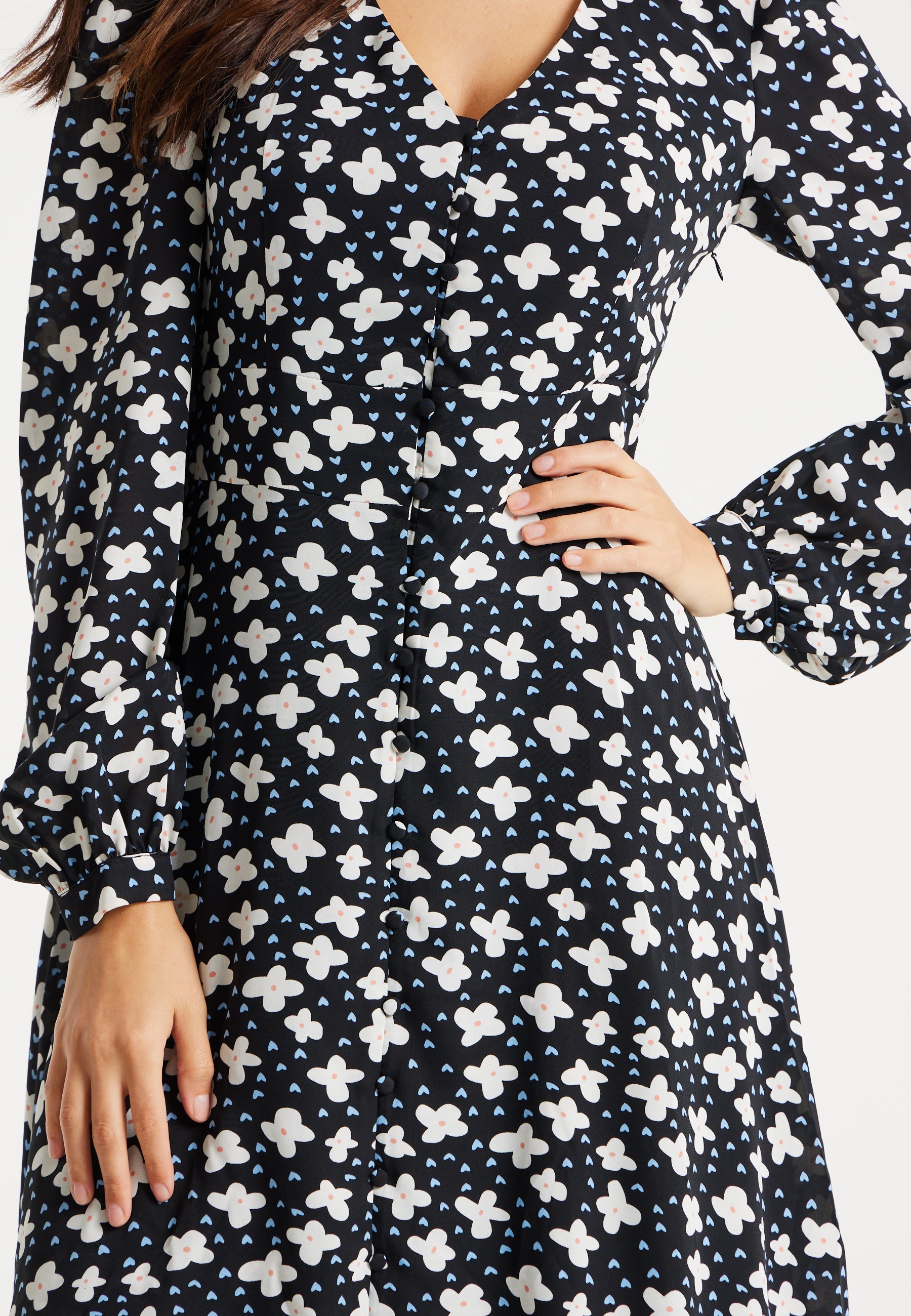 Women's Midi Dress with Puffy Sleeves in Black - Floral and Heart Print by Liquorish