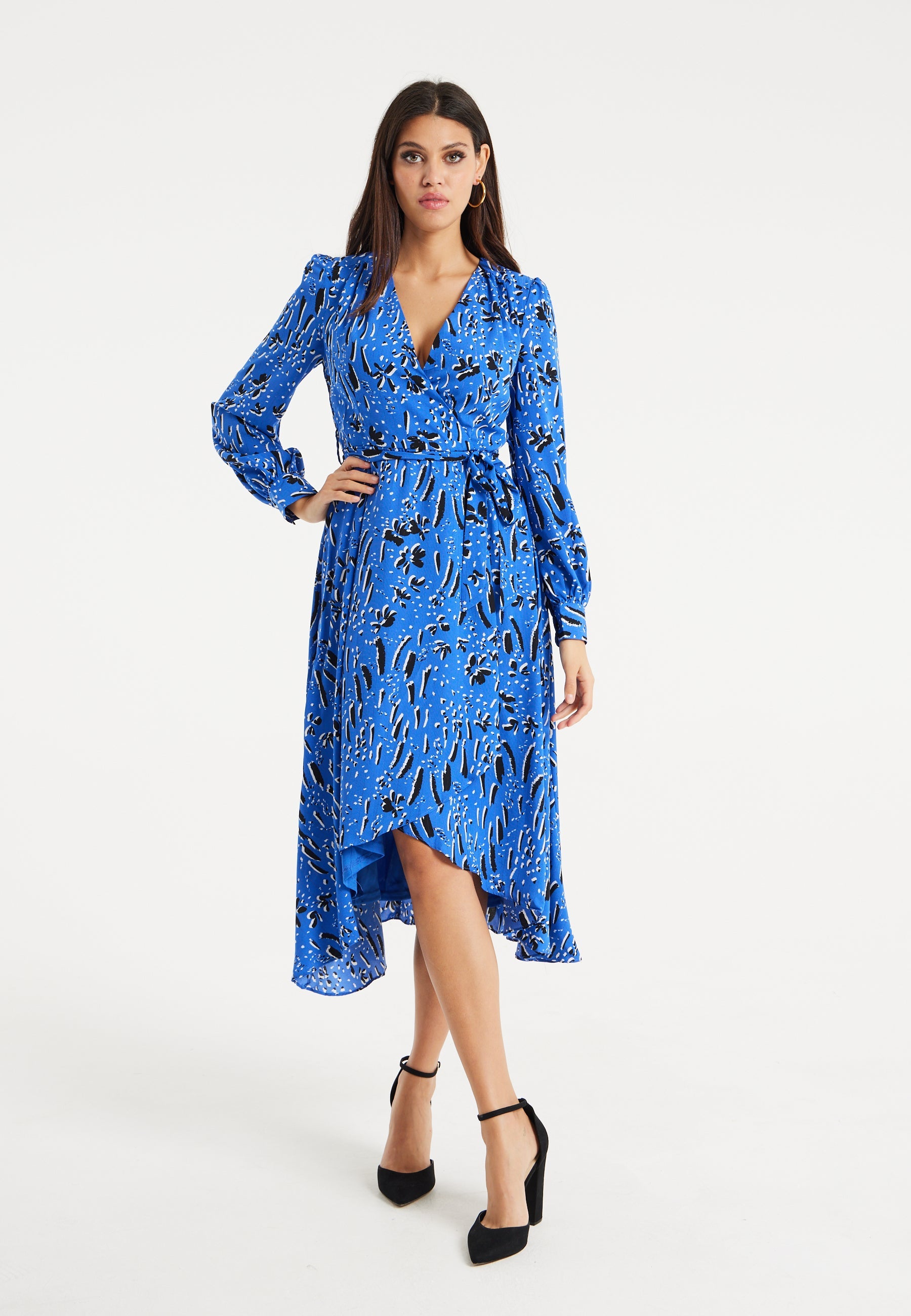 Women's Midi Wrap Dress in Cobalt Blue with Full-Length Sleeves - Artistic Floral Design by Liquorish