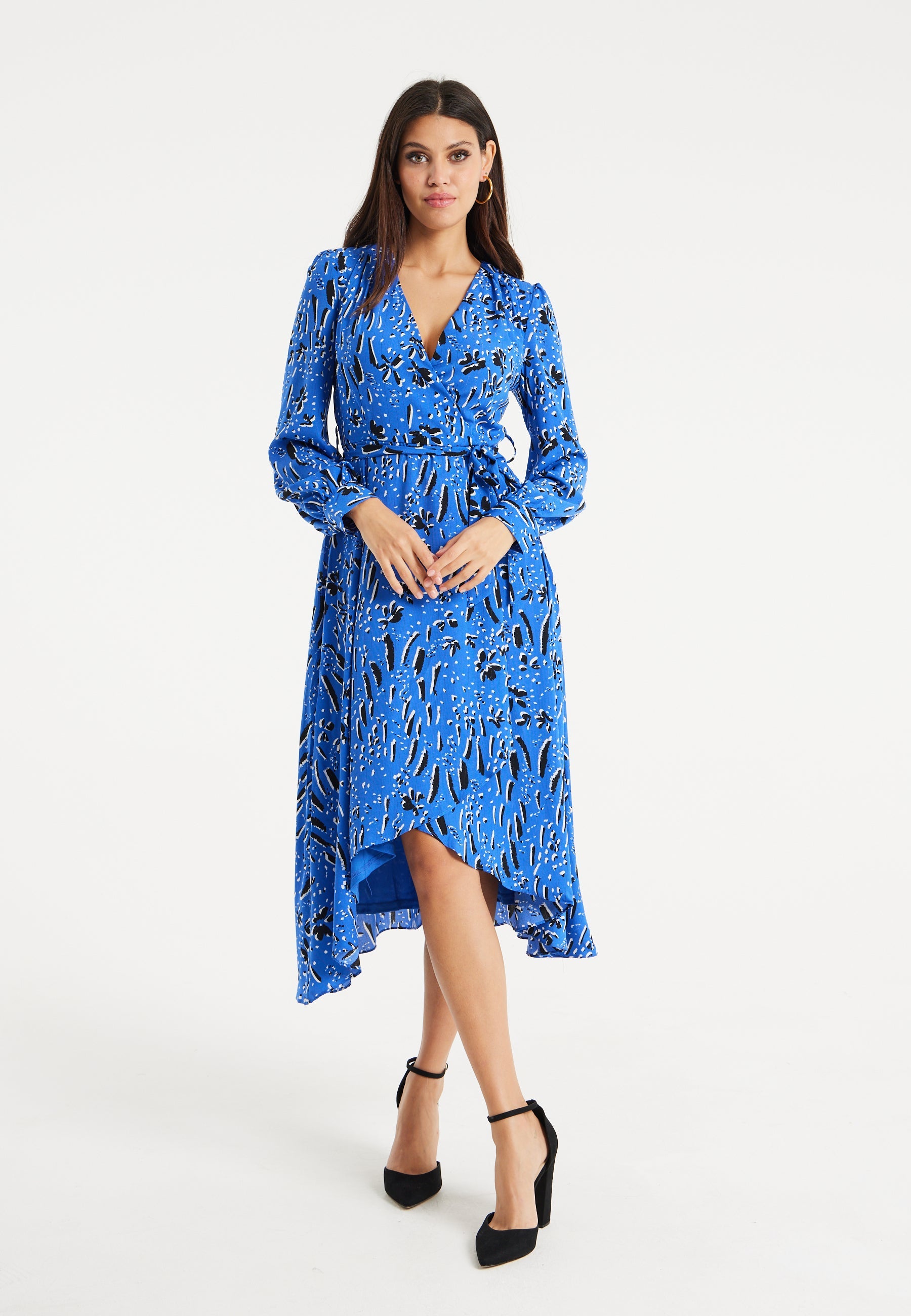 Women's Midi Wrap Dress in Cobalt Blue with Full-Length Sleeves - Artistic Floral Design by Liquorish