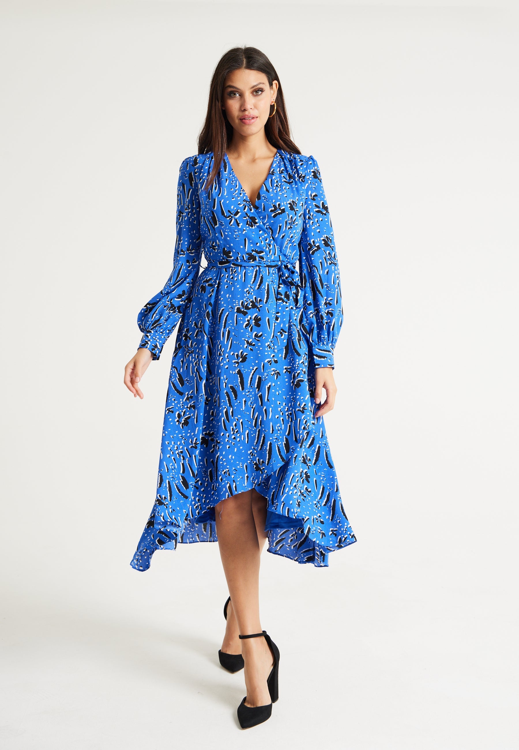 Women's Midi Wrap Dress in Cobalt Blue with Full-Length Sleeves - Artistic Floral Design by Liquorish