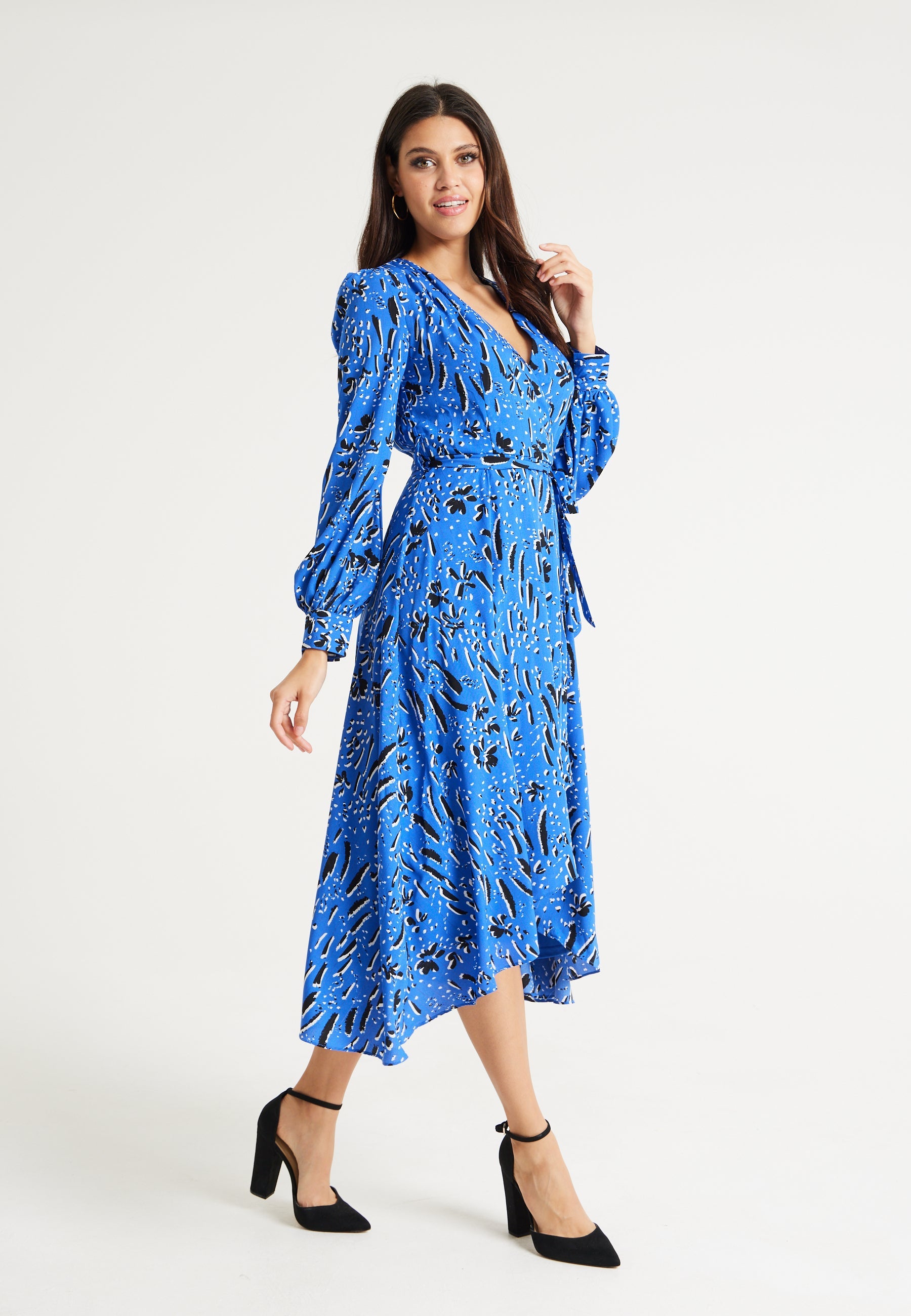 Women's Midi Wrap Dress in Cobalt Blue with Full-Length Sleeves - Artistic Floral Design by Liquorish