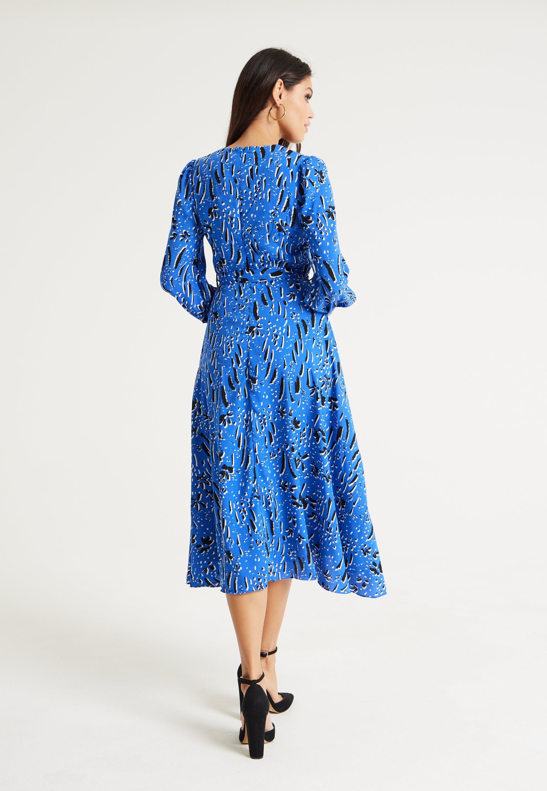 Women's Midi Wrap Dress in Cobalt Blue with Full-Length Sleeves - Artistic Floral Design by Liquorish