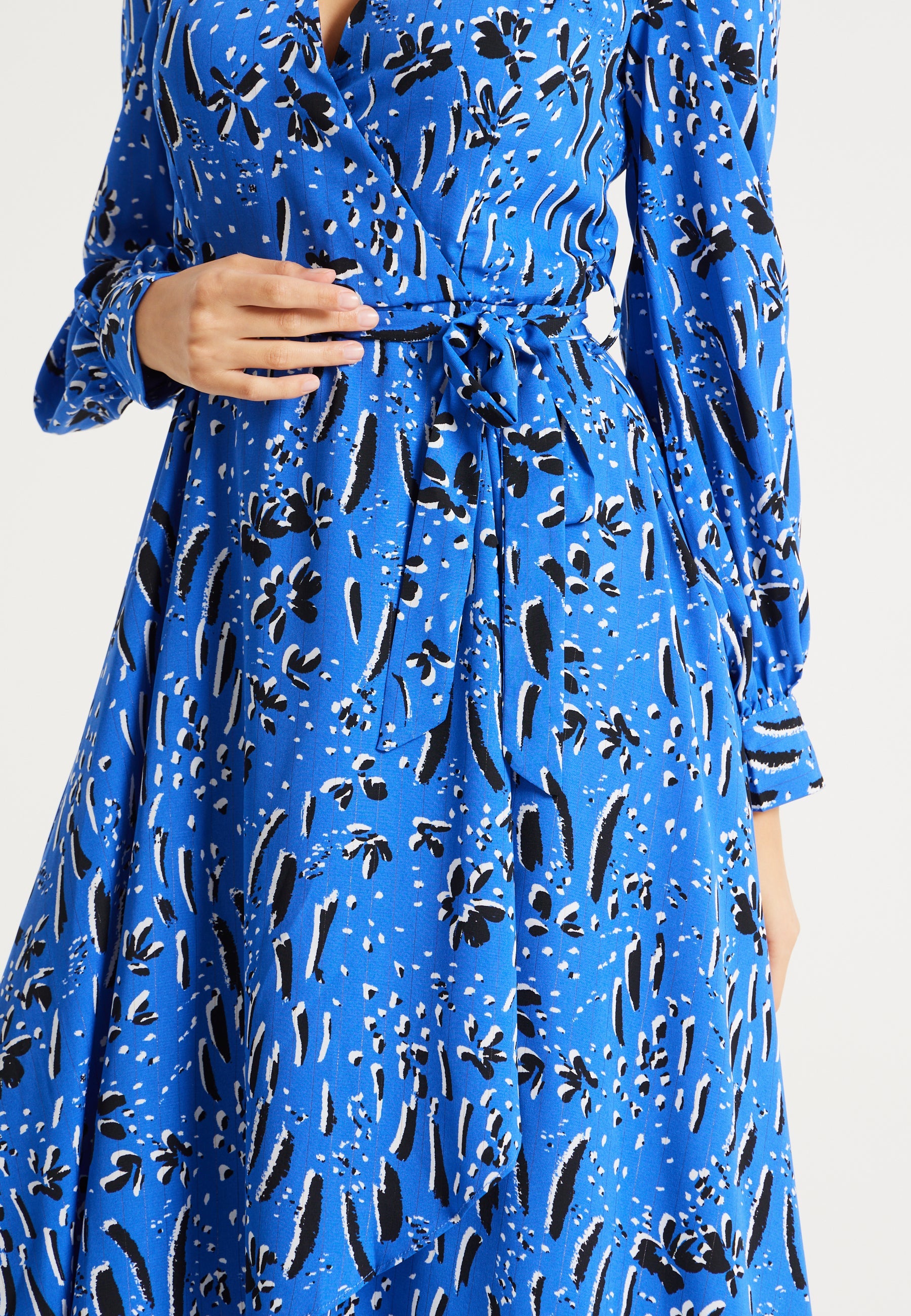 Women's Midi Wrap Dress in Cobalt Blue with Full-Length Sleeves - Artistic Floral Design by Liquorish