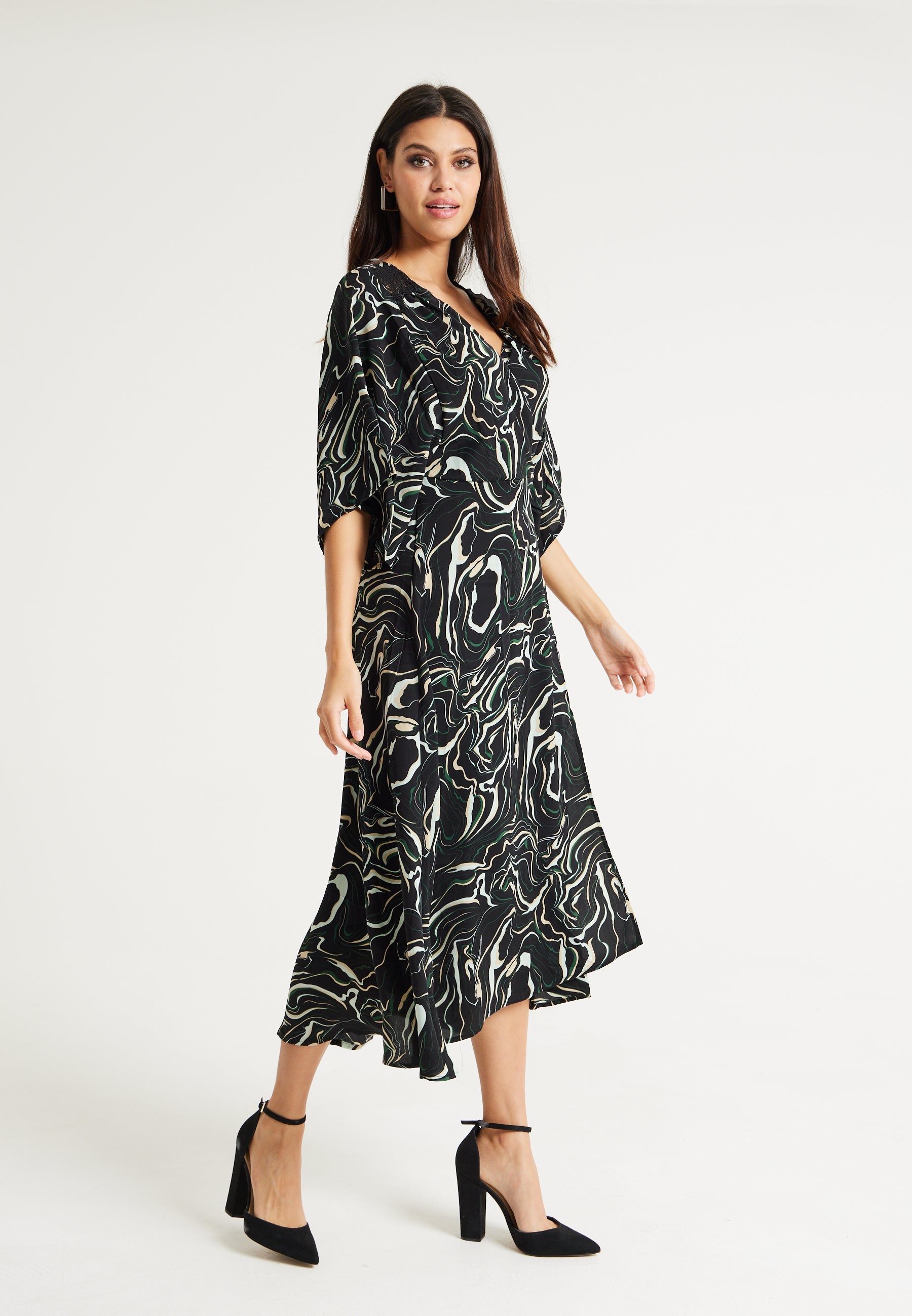 Women’s Maxi Dress with Kimono Sleeves in Black - Flattering Wrap Design and Unique Scribble Print by Liquorish