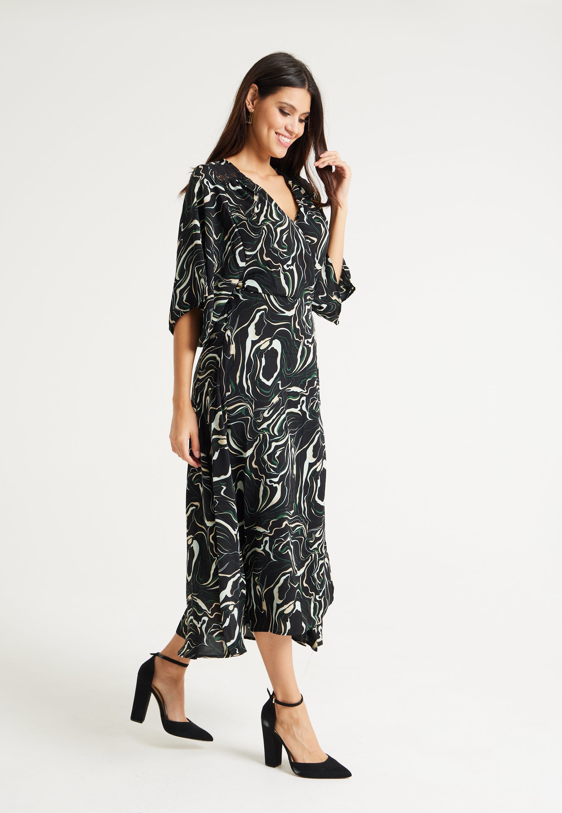 Women’s Maxi Dress with Kimono Sleeves in Black - Flattering Wrap Design and Unique Scribble Print by Liquorish