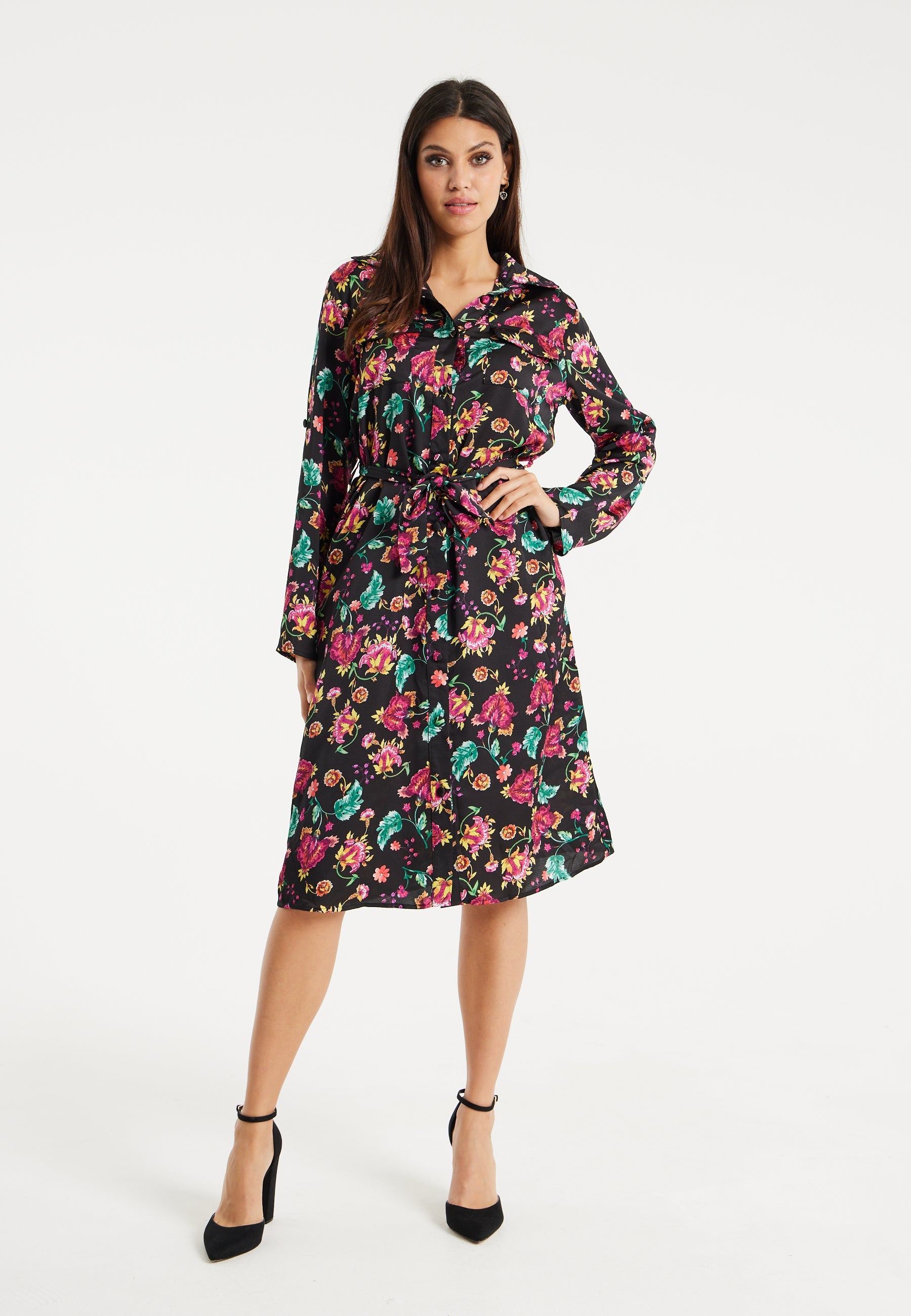 Women’s Midi Dress in Multicolour Floral Print with Black Accents, Long Sleeve, Waist Tie Detail, and Button Front Closure