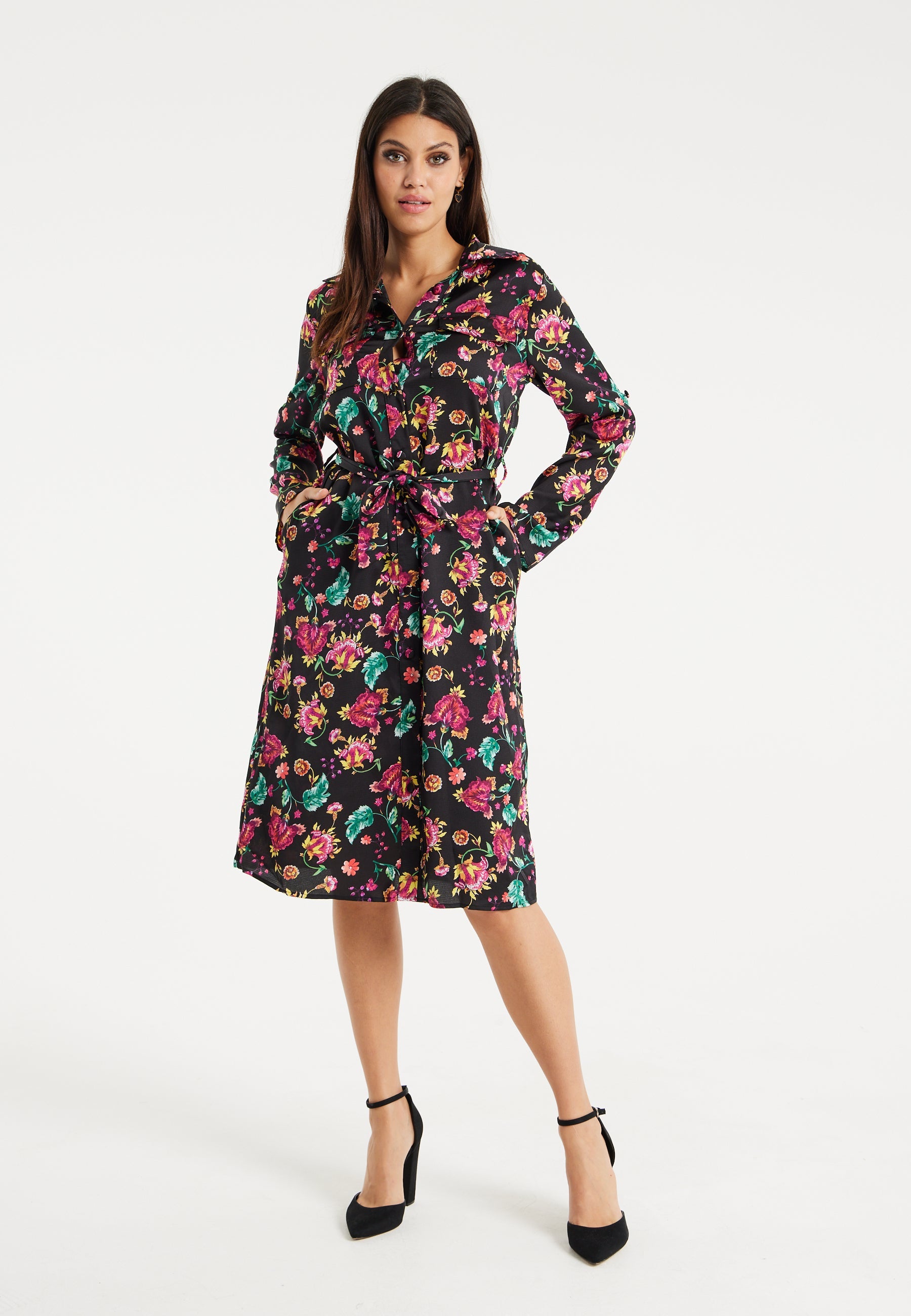 Women’s Midi Dress in Multicolour Floral Print with Black Accents, Long Sleeve, Waist Tie Detail, and Button Front Closure