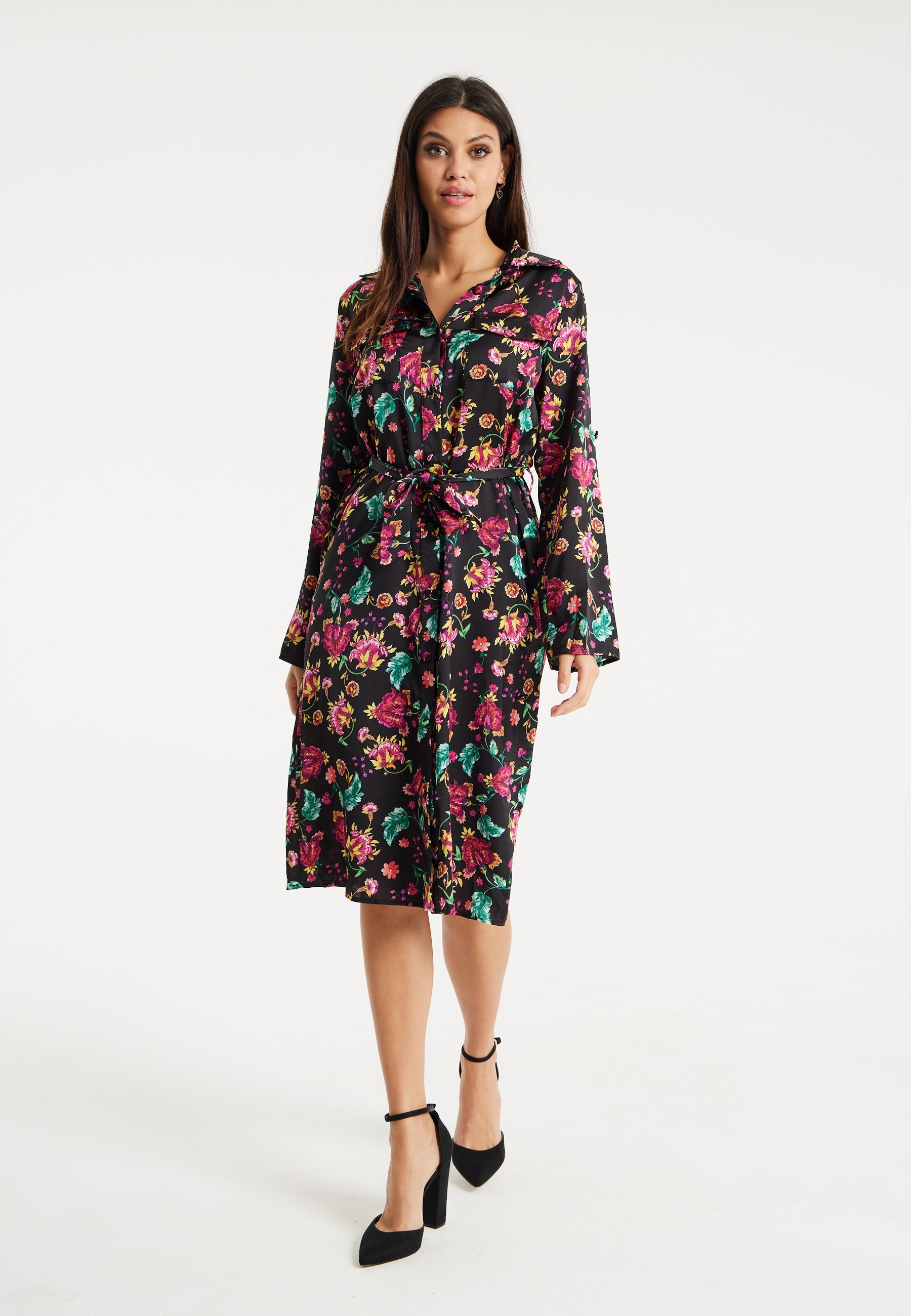 Women’s Midi Dress in Multicolour Floral Print with Black Accents, Long Sleeve, Waist Tie Detail, and Button Front Closure