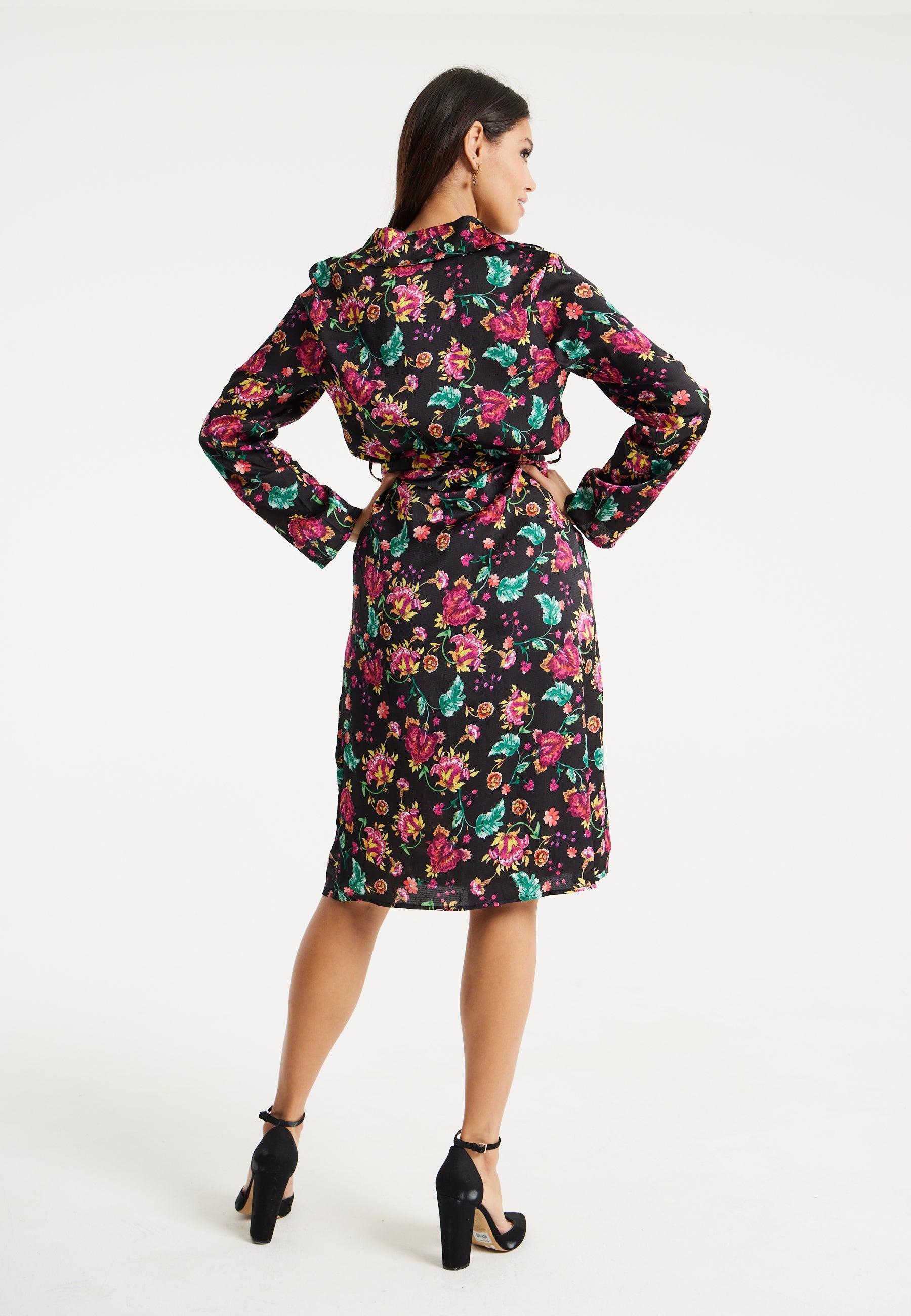 Women’s Midi Dress in Multicolour Floral Print with Black Accents, Long Sleeve, Waist Tie Detail, and Button Front Closure