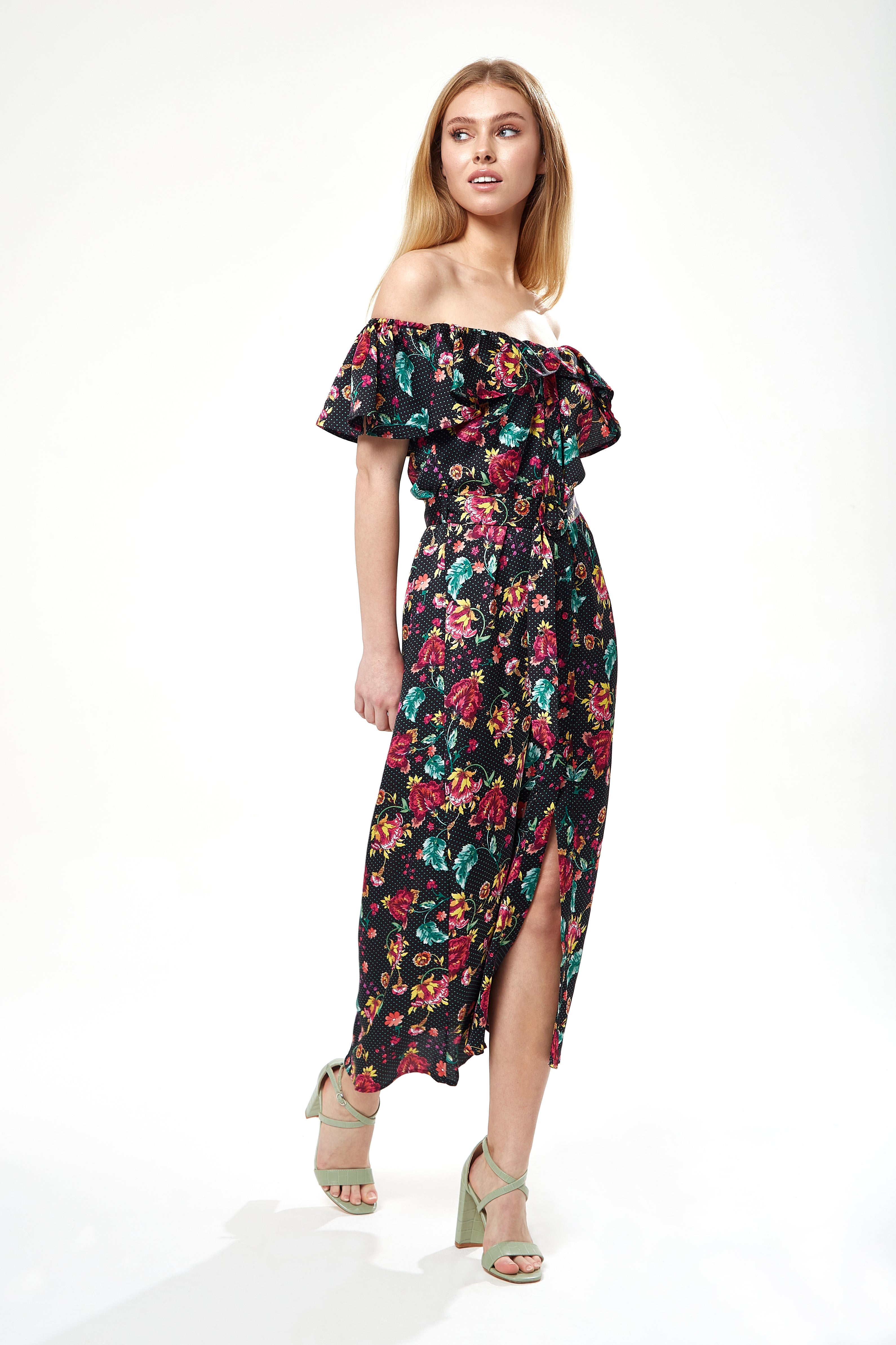 Women’s Midi Dress with Off Shoulder Sleeves in Black Floral Print - Liquorish