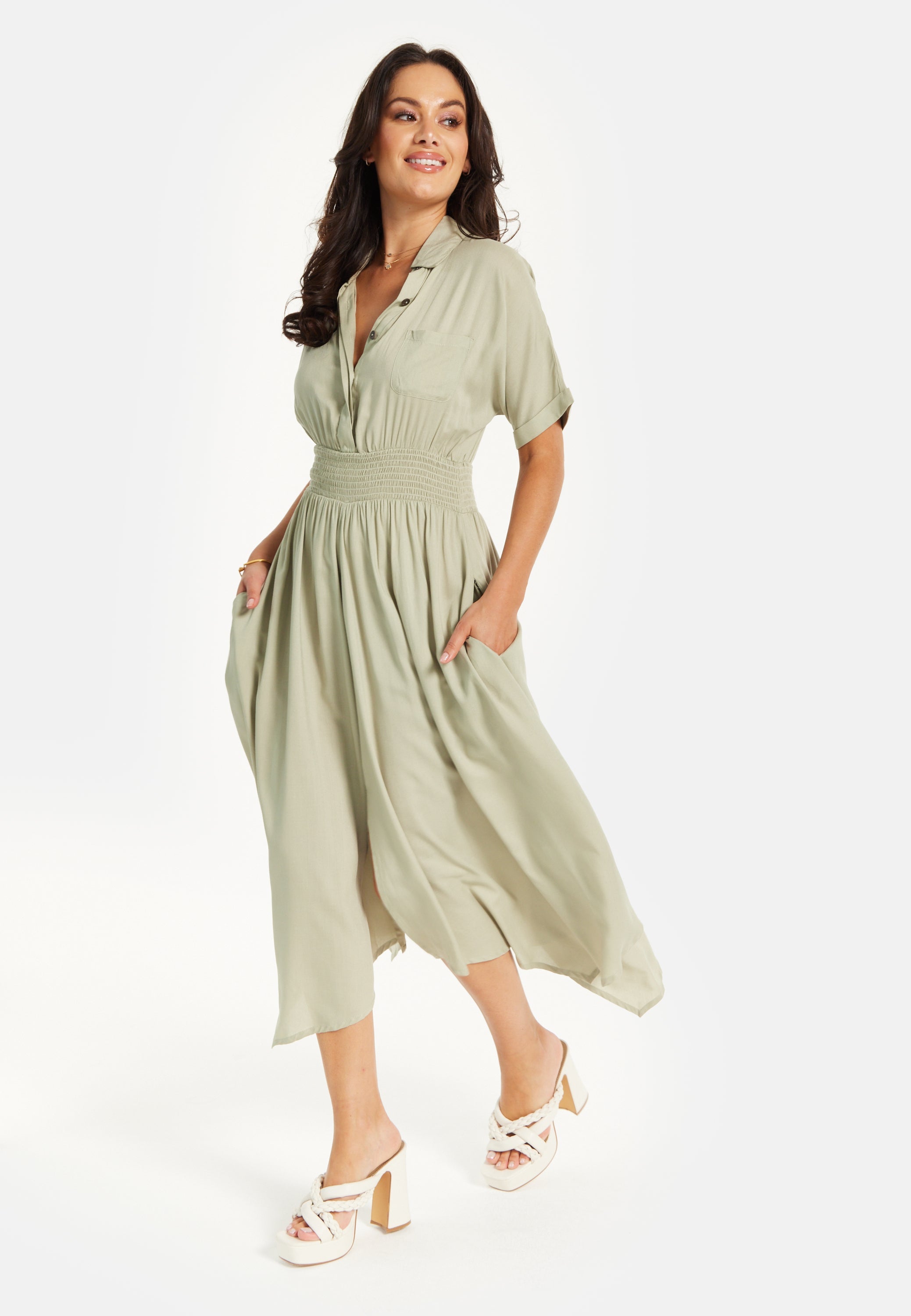 Women's Midi Dress in Khaki with Elasticated Waist, Button Detail, and Front Split
