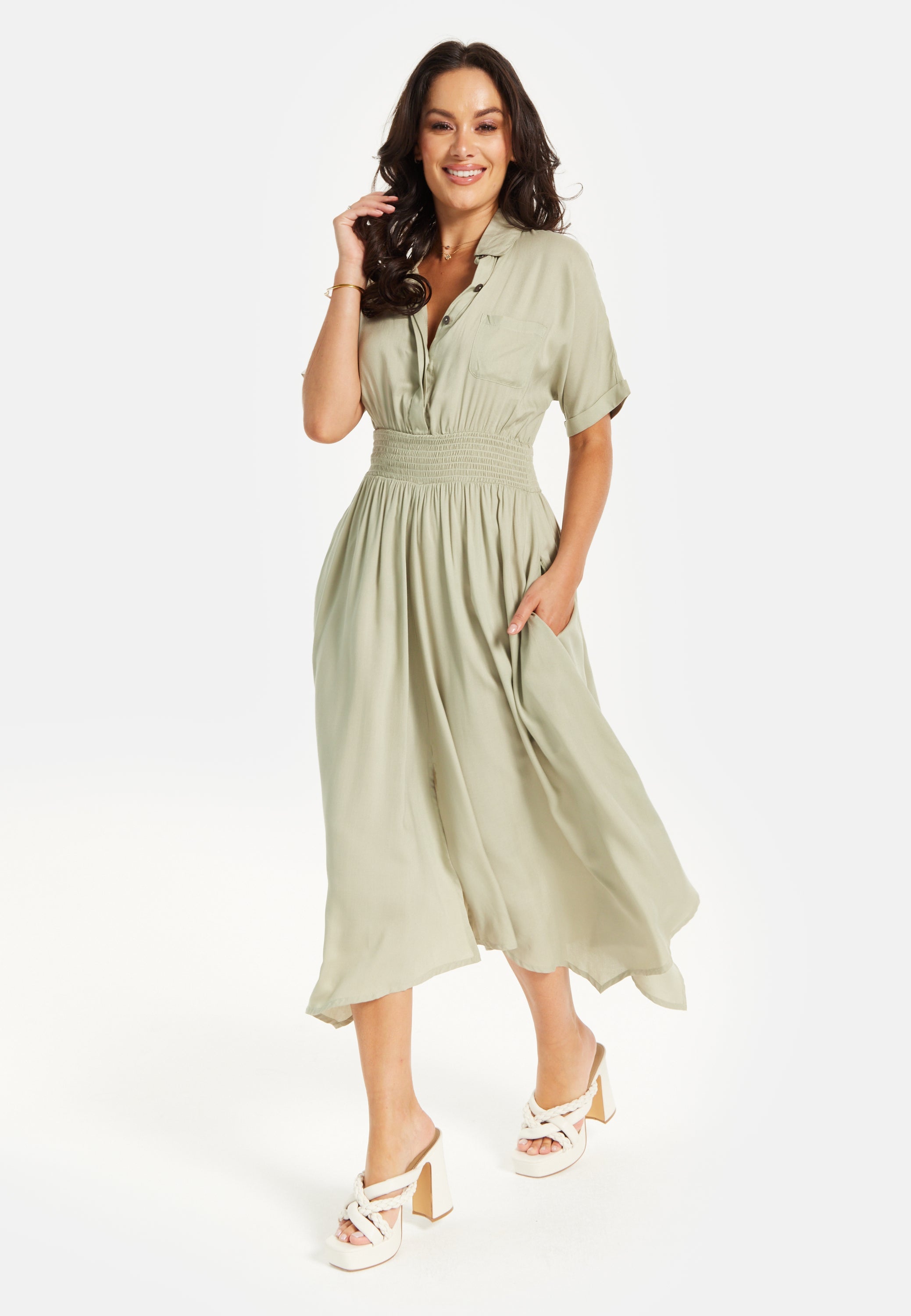 Women's Midi Dress in Khaki with Elasticated Waist, Button Detail, and Front Split
