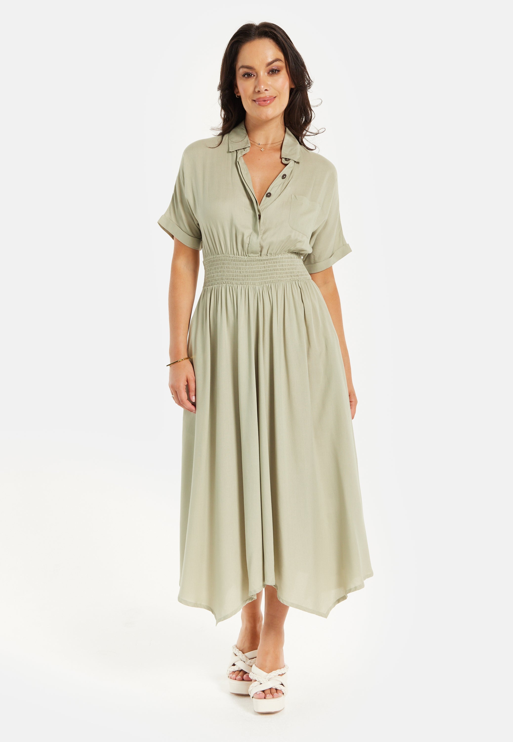 Women's Midi Dress in Khaki with Elasticated Waist, Button Detail, and Front Split