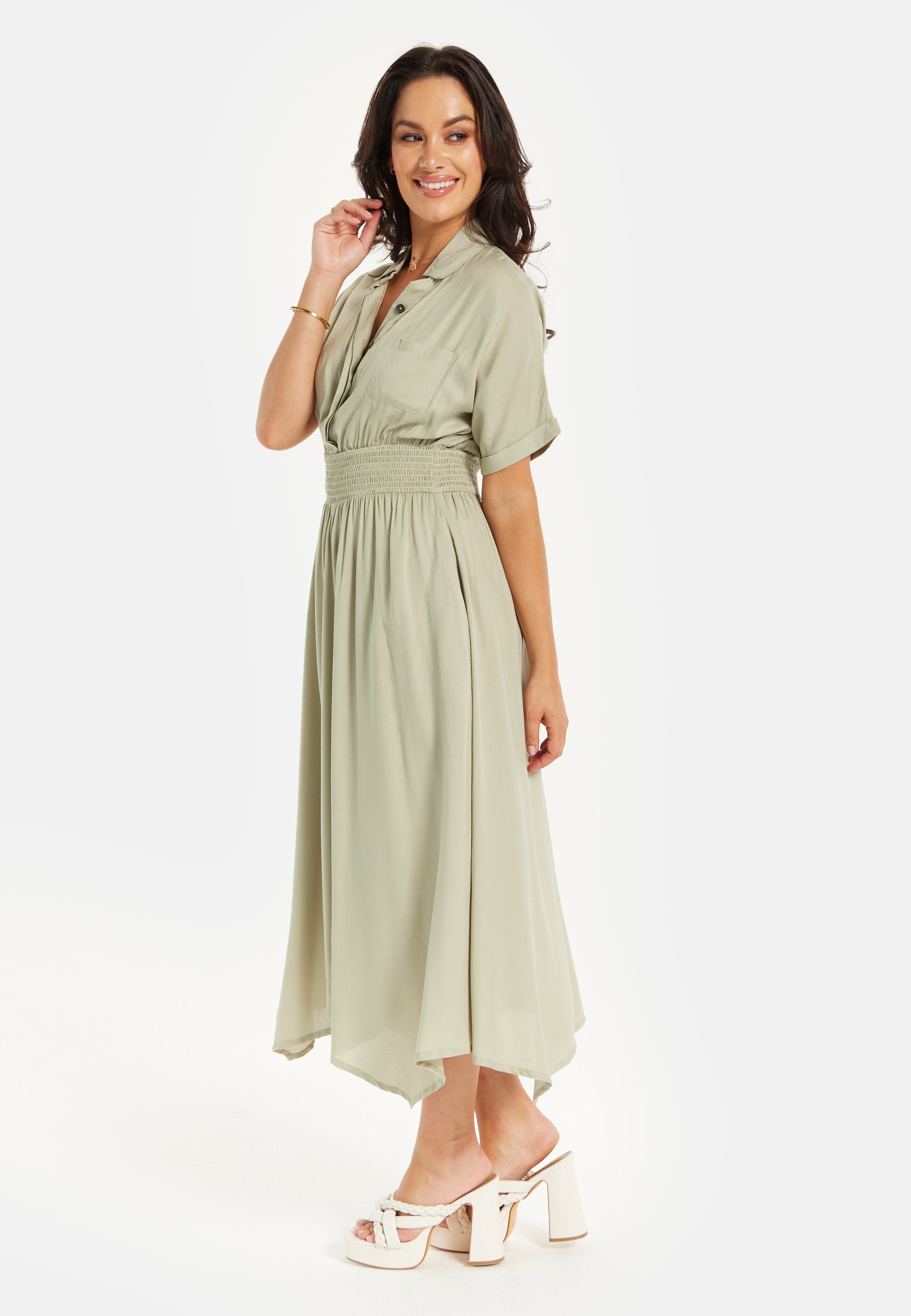 Women's Midi Dress in Khaki with Elasticated Waist, Button Detail, and Front Split