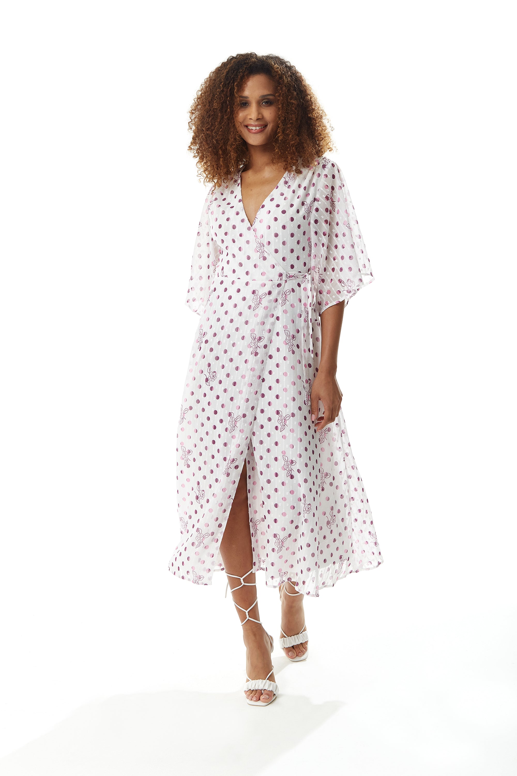Women’s Midi Wrap Dress in White with Pink Floral & Polka Dots, V Neck, Kimono Sleeves - Liquorish