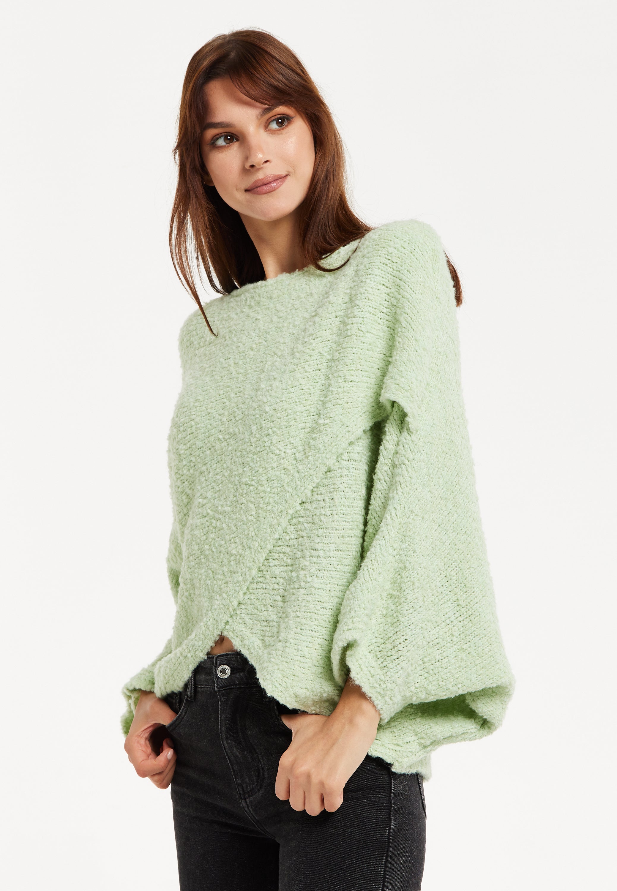 Women's Jumper in Green with Asymmetric Layered Shawl Design, Loose Fit, Long Sleeves, Crafted from Luxurious Blend of Fabrics