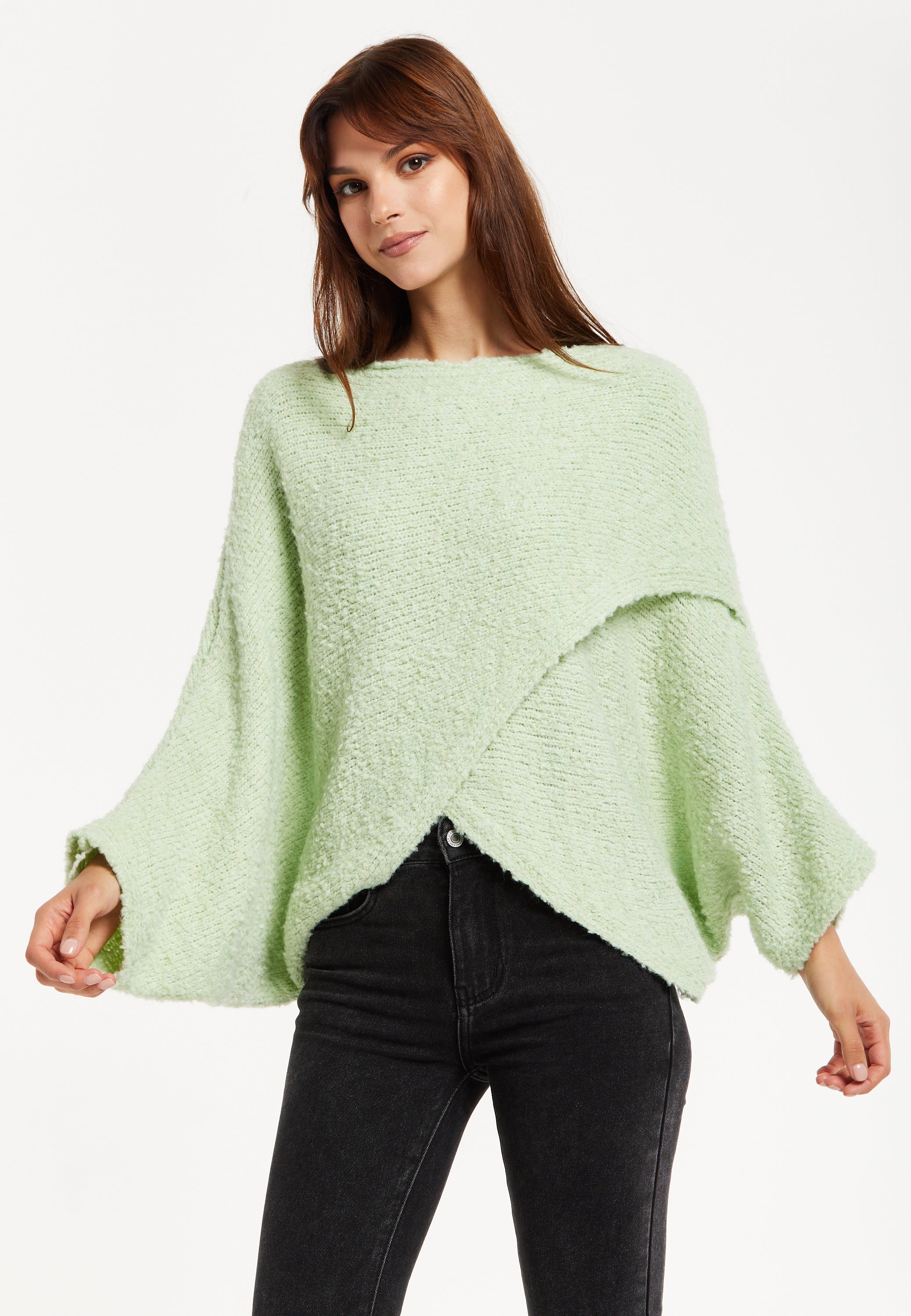 Women's Jumper in Green with Asymmetric Layered Shawl Design, Loose Fit, Long Sleeves, Crafted from Luxurious Blend of Fabrics