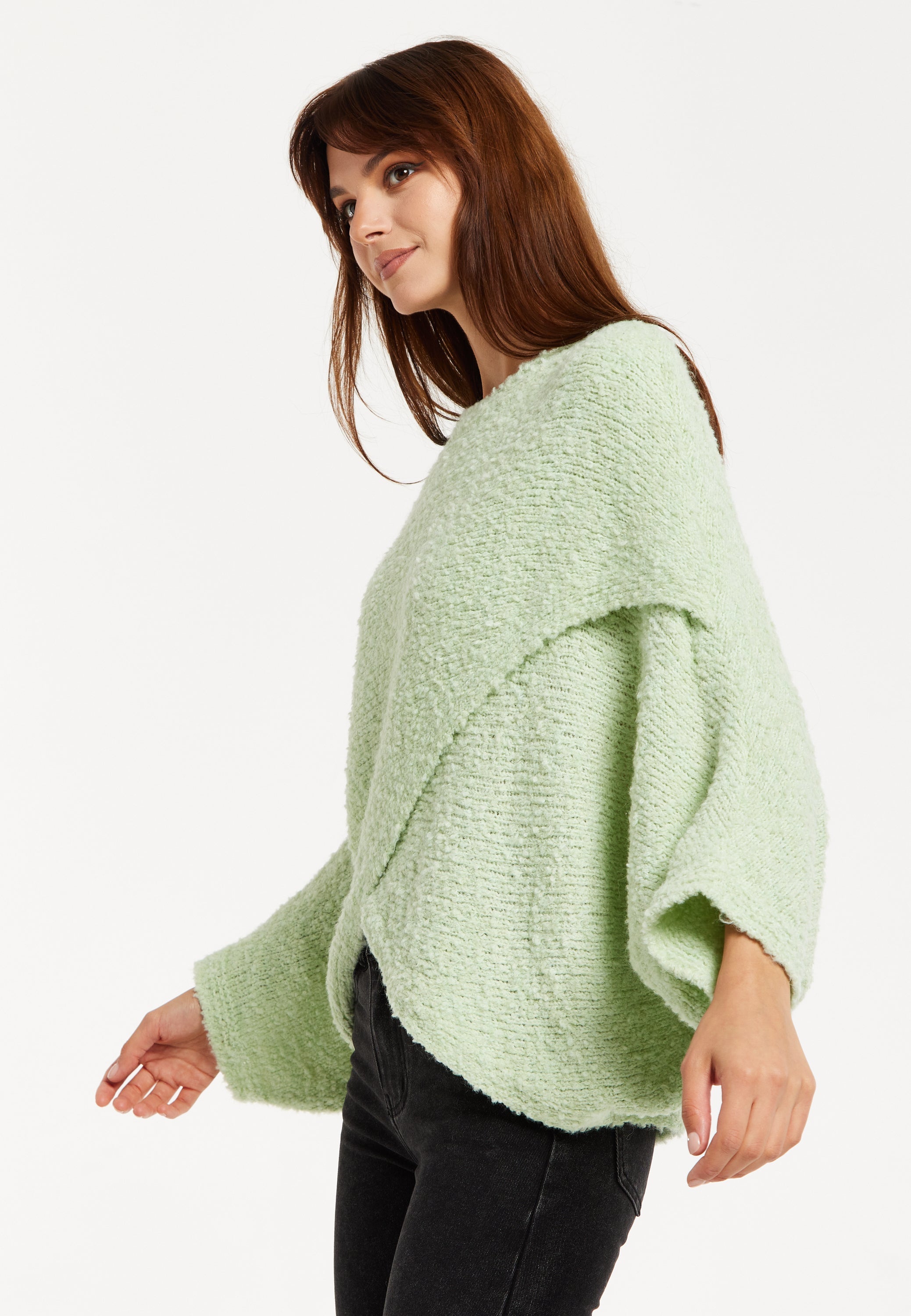 Women's Jumper in Green with Asymmetric Layered Shawl Design, Loose Fit, Long Sleeves, Crafted from Luxurious Blend of Fabrics