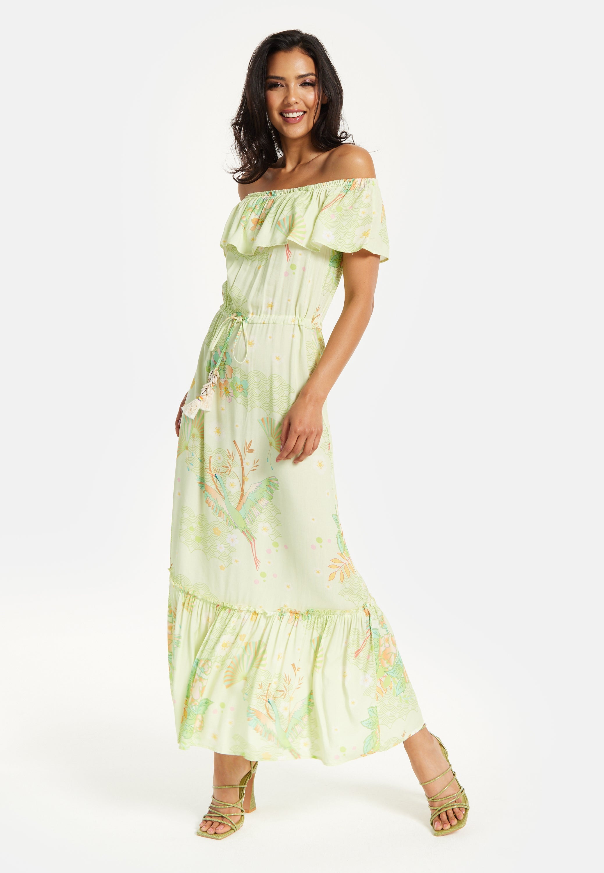 Green Floral Off Shoulder Maxi Dress