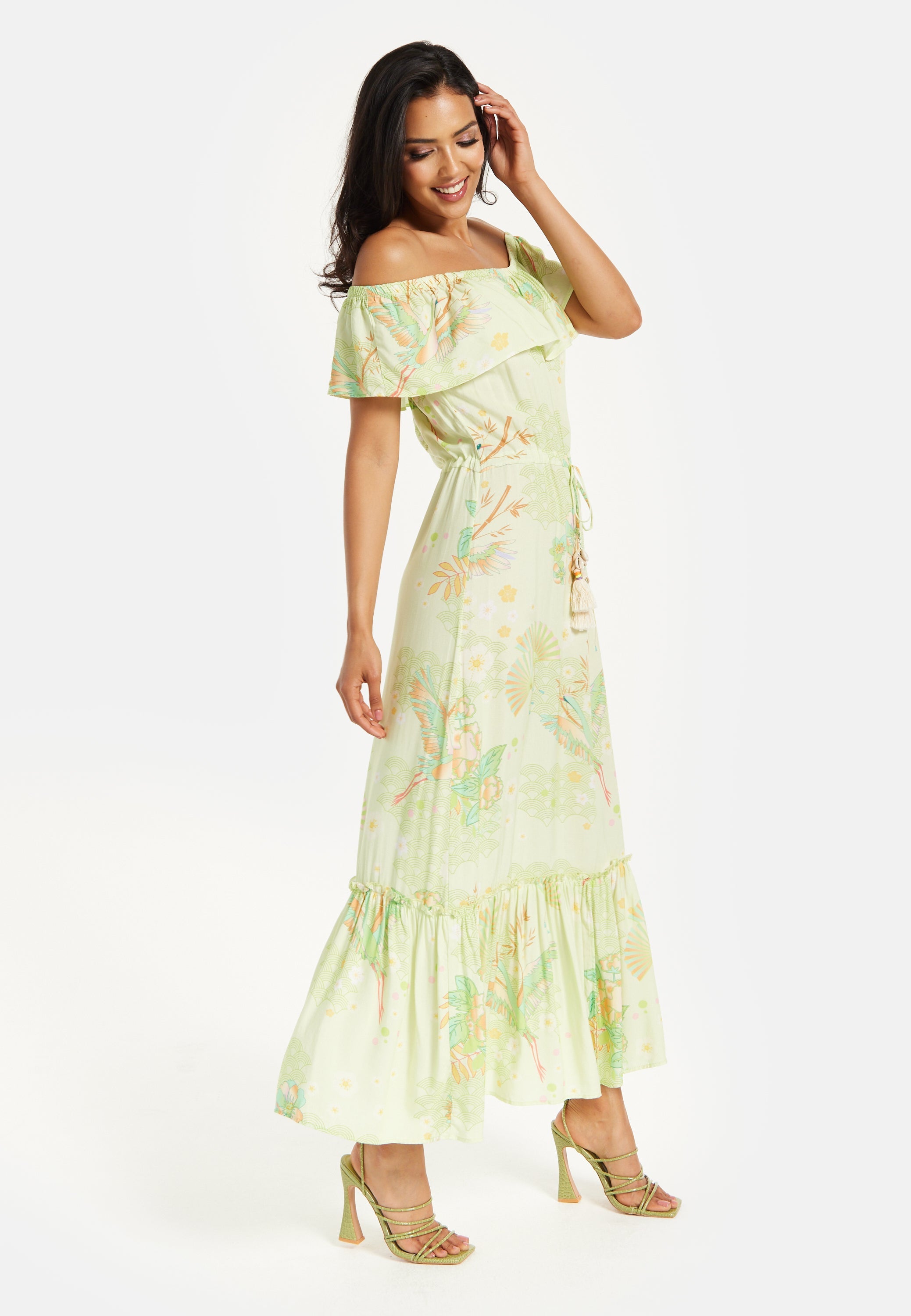 Green Floral Off Shoulder Maxi Dress
