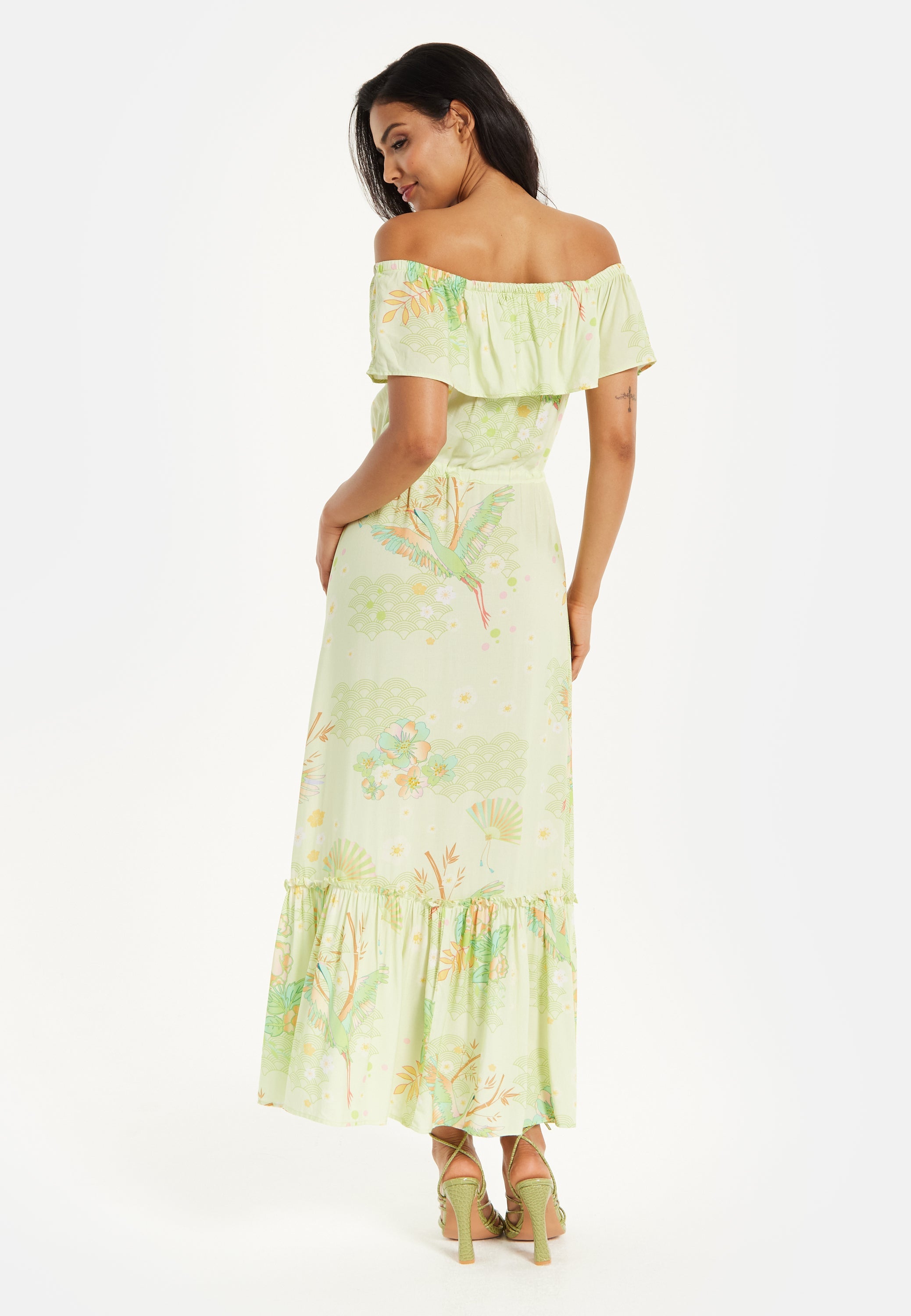 Green Floral Off Shoulder Maxi Dress