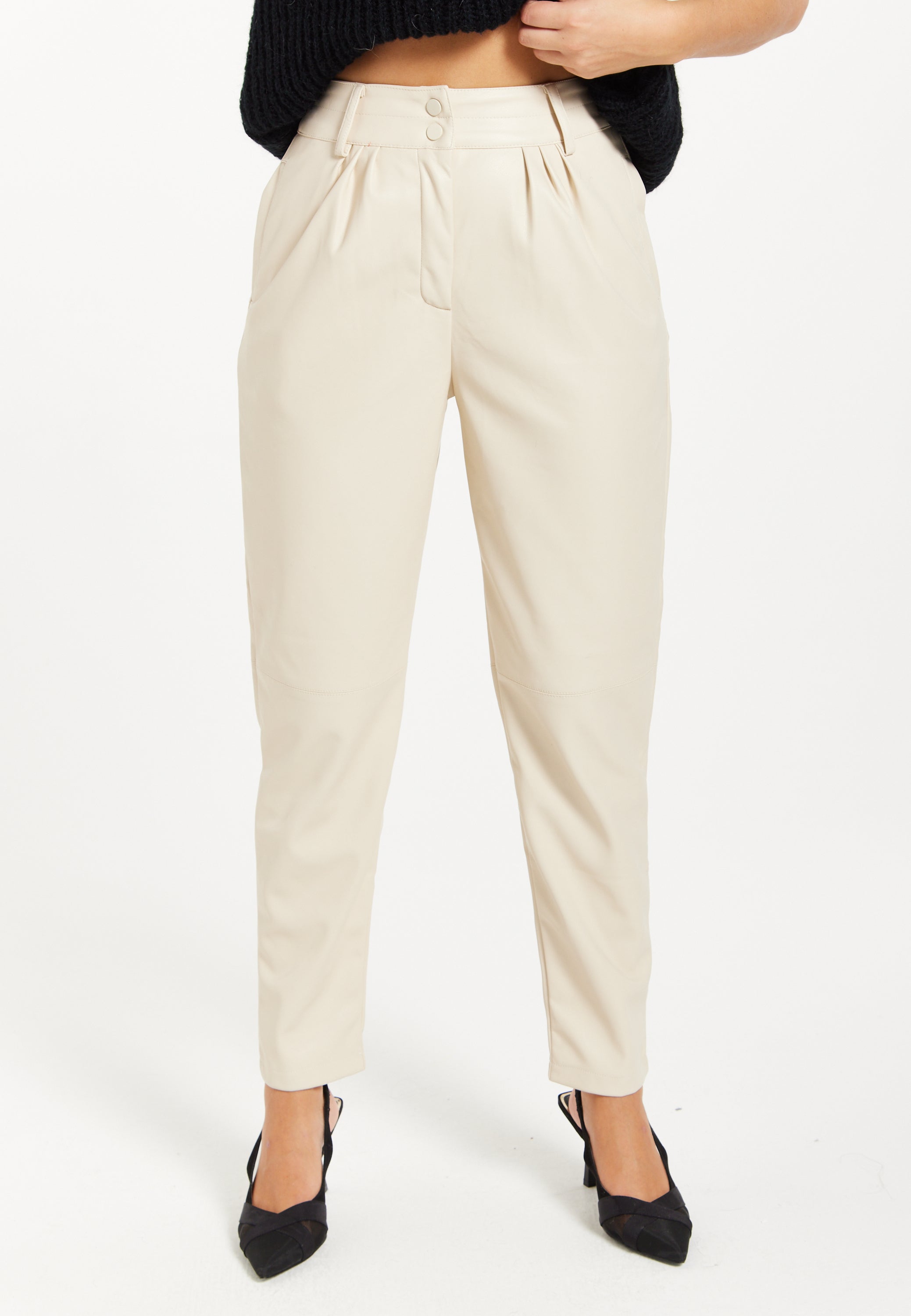 Women's Trousers in Cream with Pleated Waist, Tapered Fit, Faux Leather Detail - Liquorish