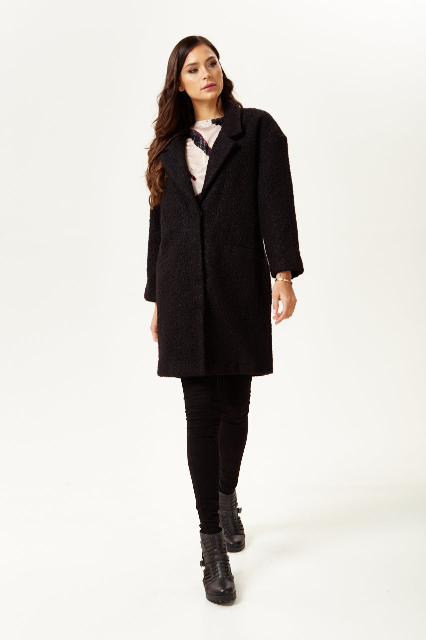 Women's Extra Loose Fit Black Bouclè Coat with Notch Lapels and Dropped Shoulders - Liquorish