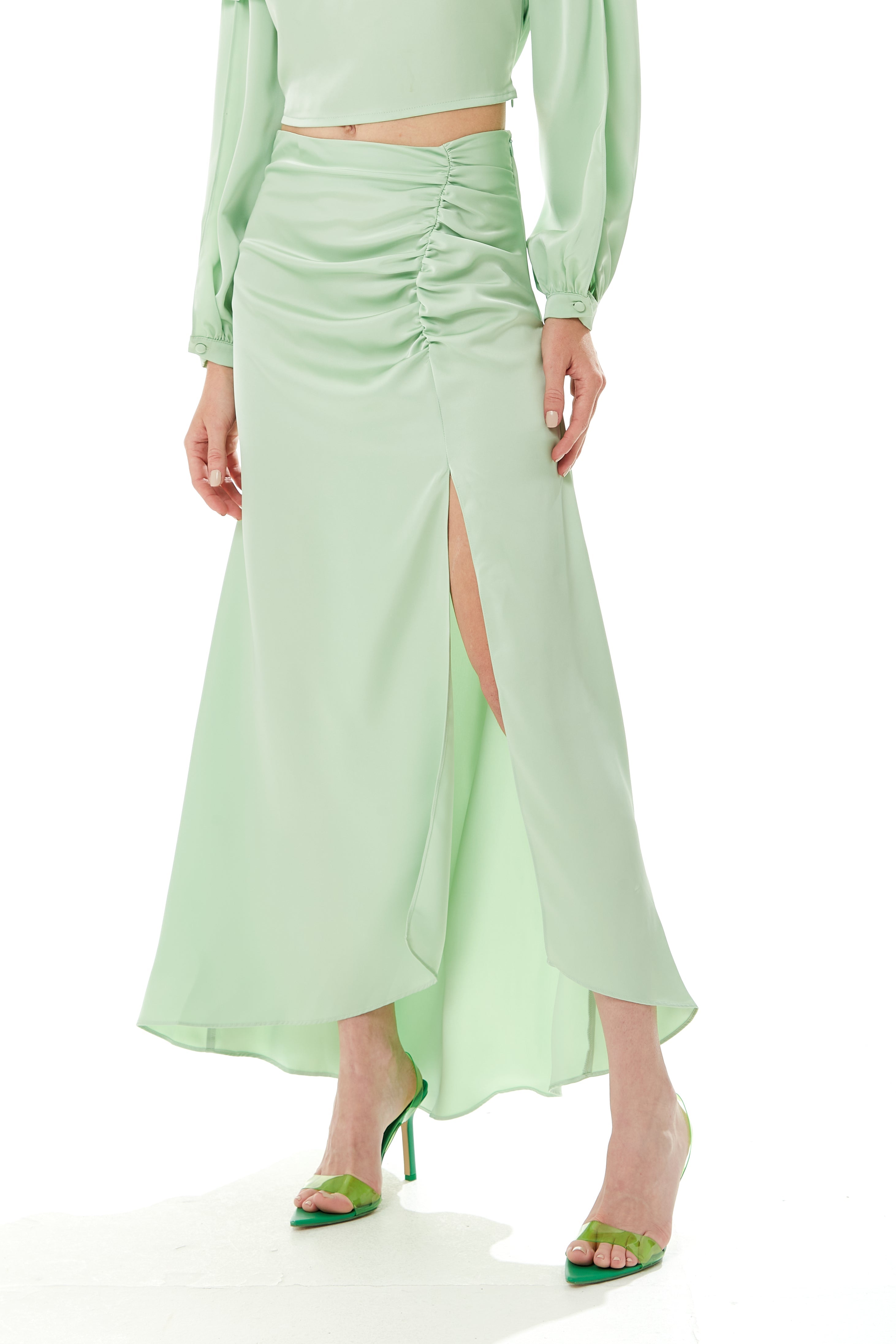 Women's Mint Green Gathered Detail Maxi Skirt with Front Slit - Regular Fit, Plain Design, by Liquorish