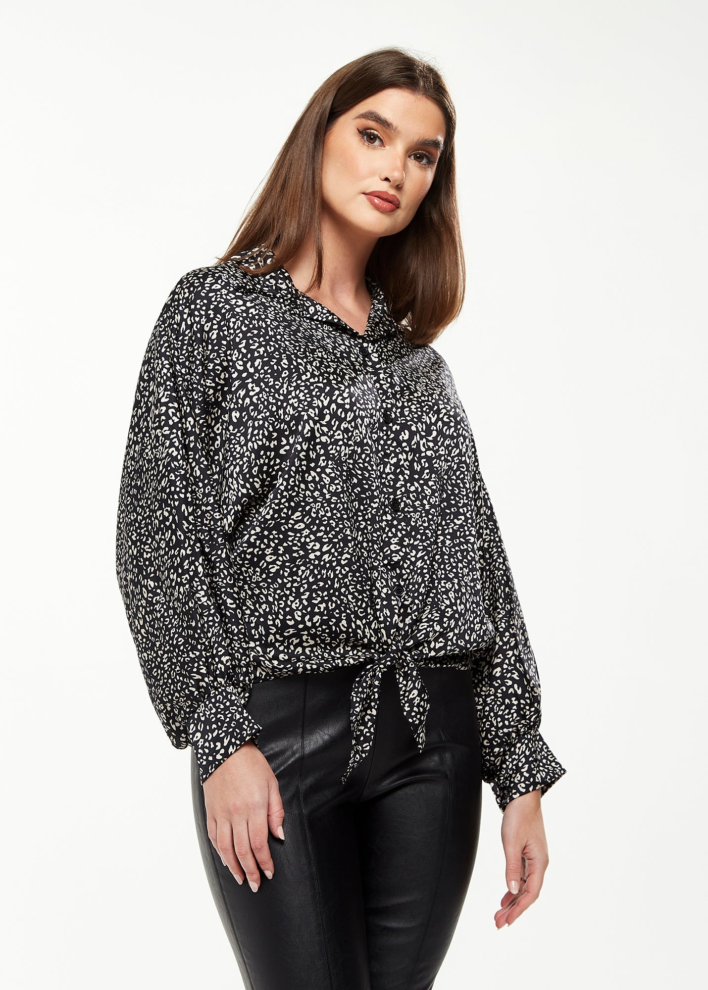 Women's Divine Grace Blouse with Front Tie in Black & White Animal Print, Long Sleeves, Button Front, Collared Design
