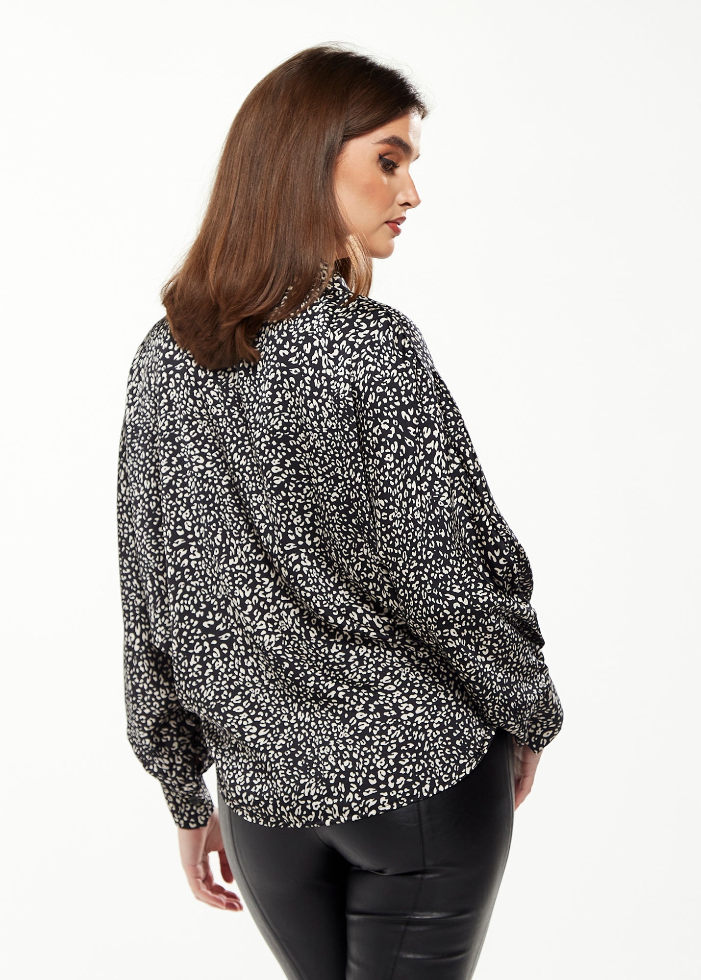 Women's Divine Grace Blouse with Front Tie in Black & White Animal Print, Long Sleeves, Button Front, Collared Design
