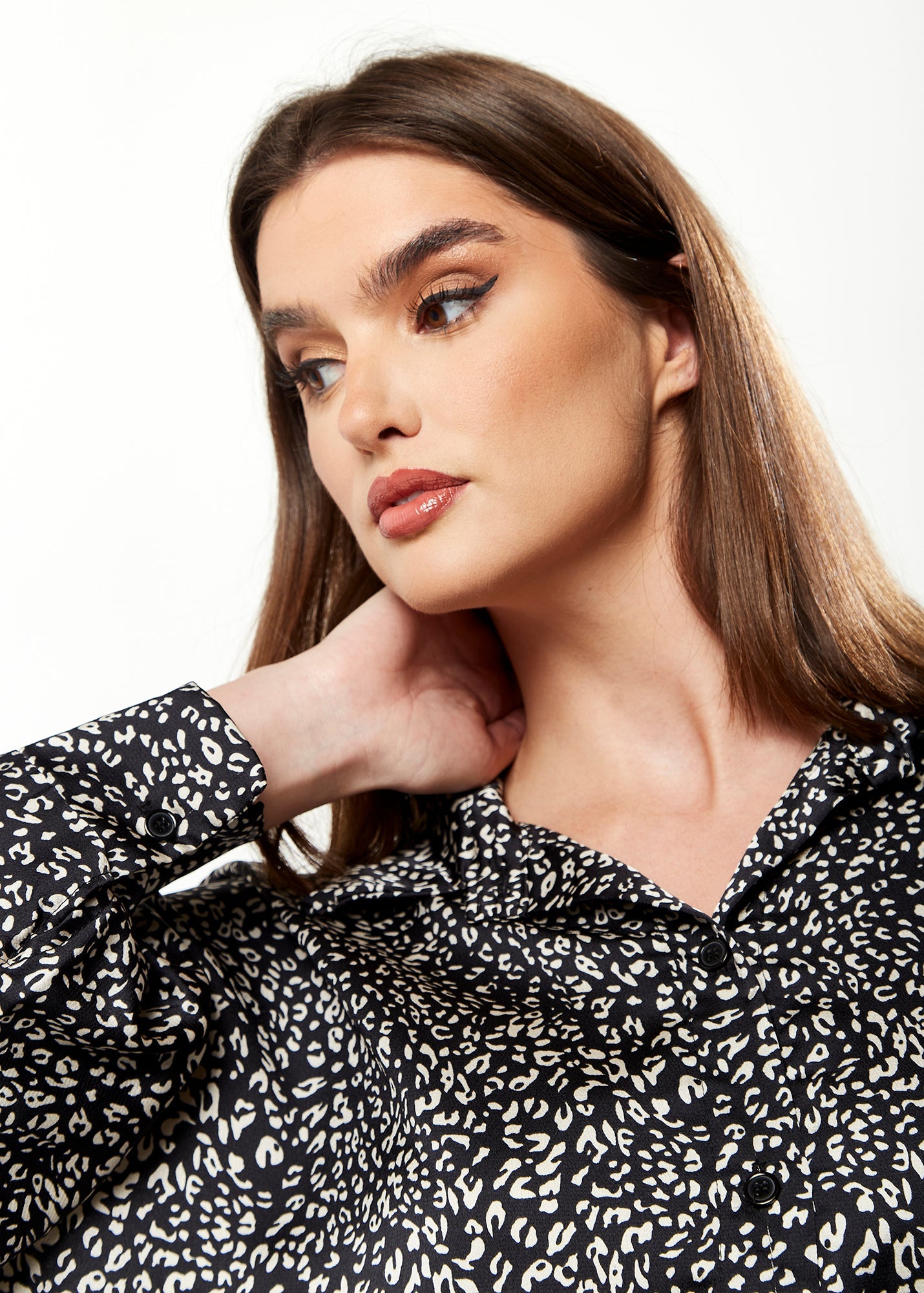 Women's Divine Grace Blouse with Front Tie in Black & White Animal Print, Long Sleeves, Button Front, Collared Design