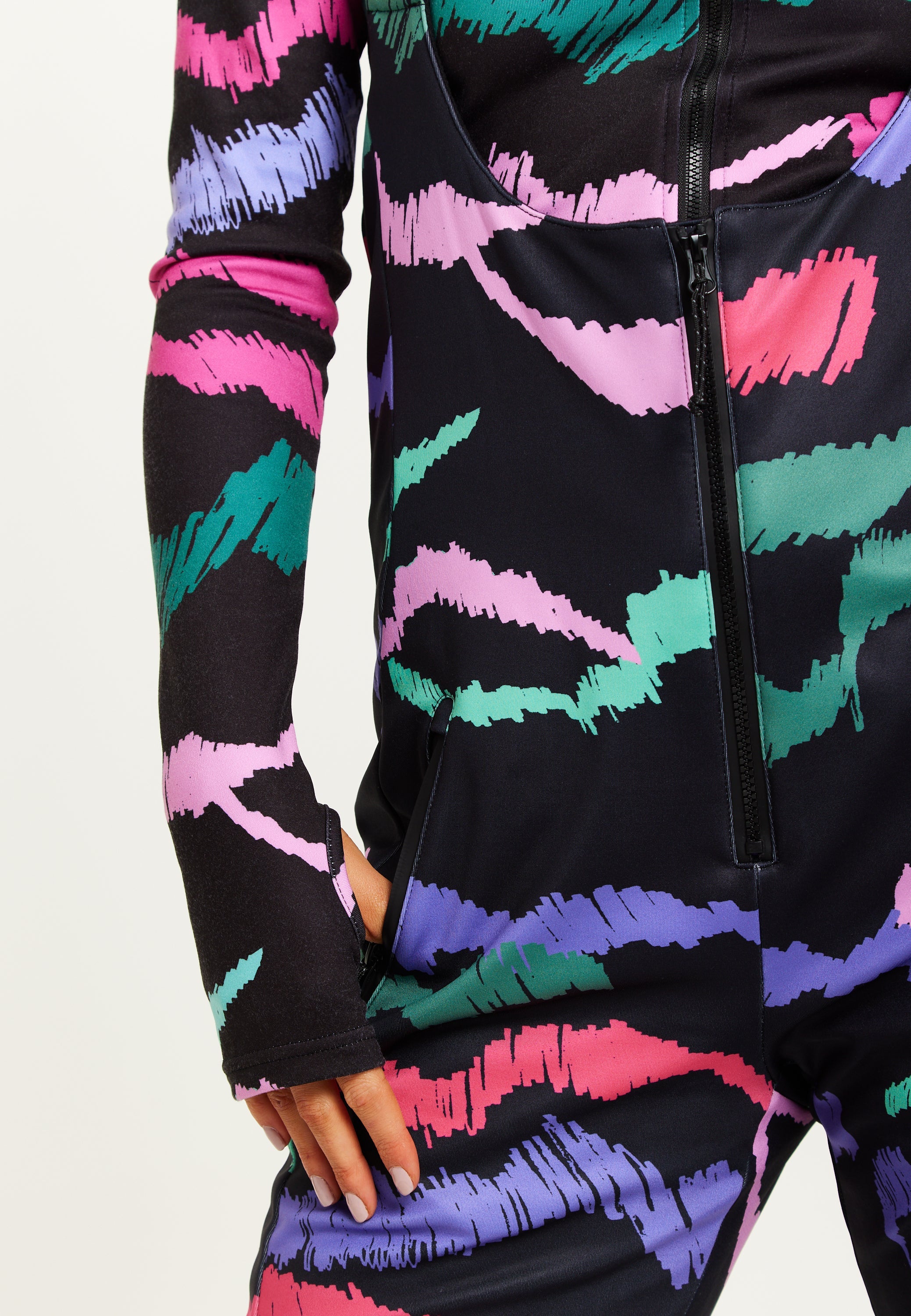 Women's Ski Waterproof Sleeveless Salopette in Black Abstract Print with Adjustable Straps and Zip Side Pockets