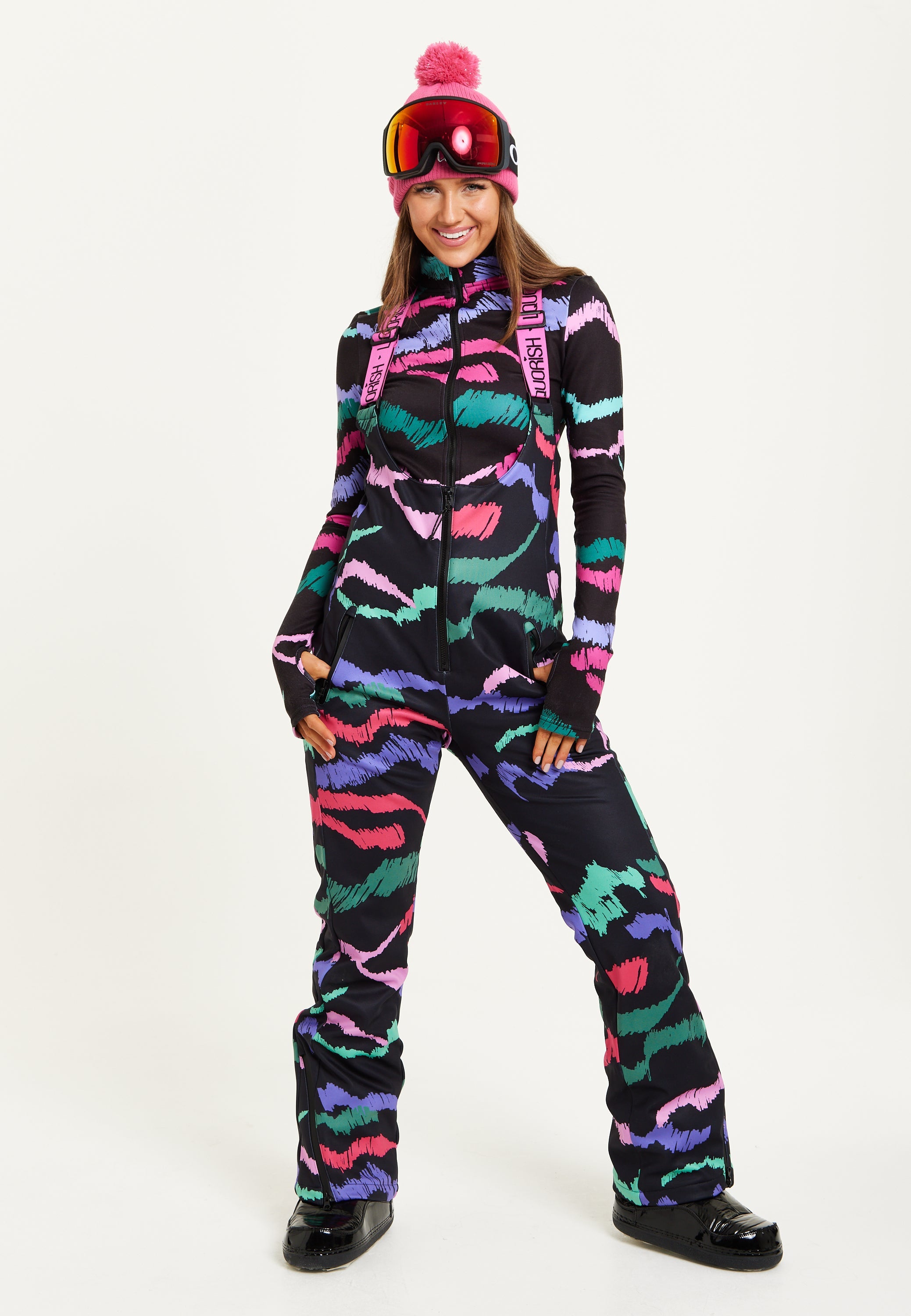 Women's Ski Waterproof Sleeveless Salopette in Black Abstract Print with Adjustable Straps and Zip Side Pockets