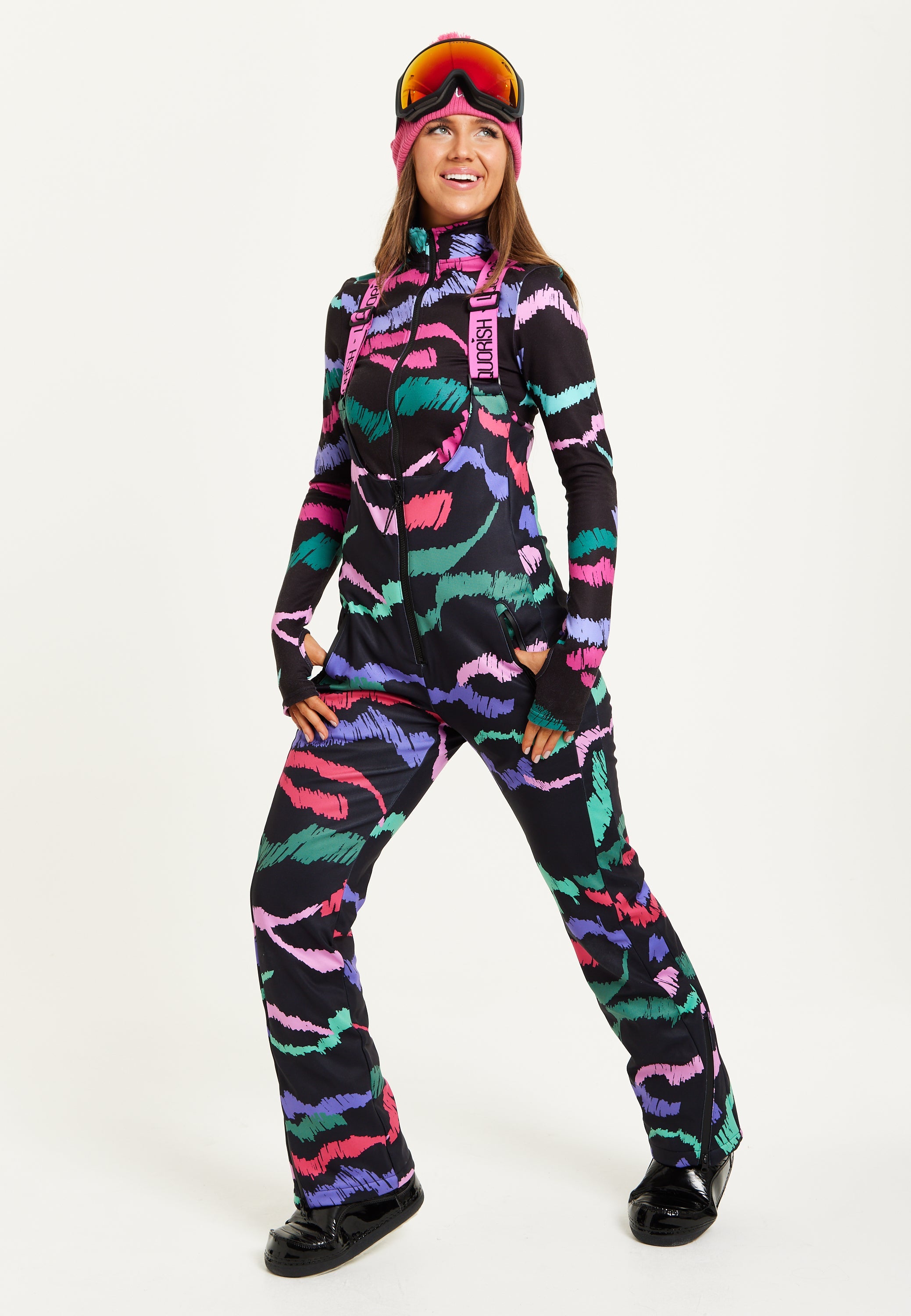 Women's Ski Waterproof Sleeveless Salopette in Black Abstract Print with Adjustable Straps and Zip Side Pockets