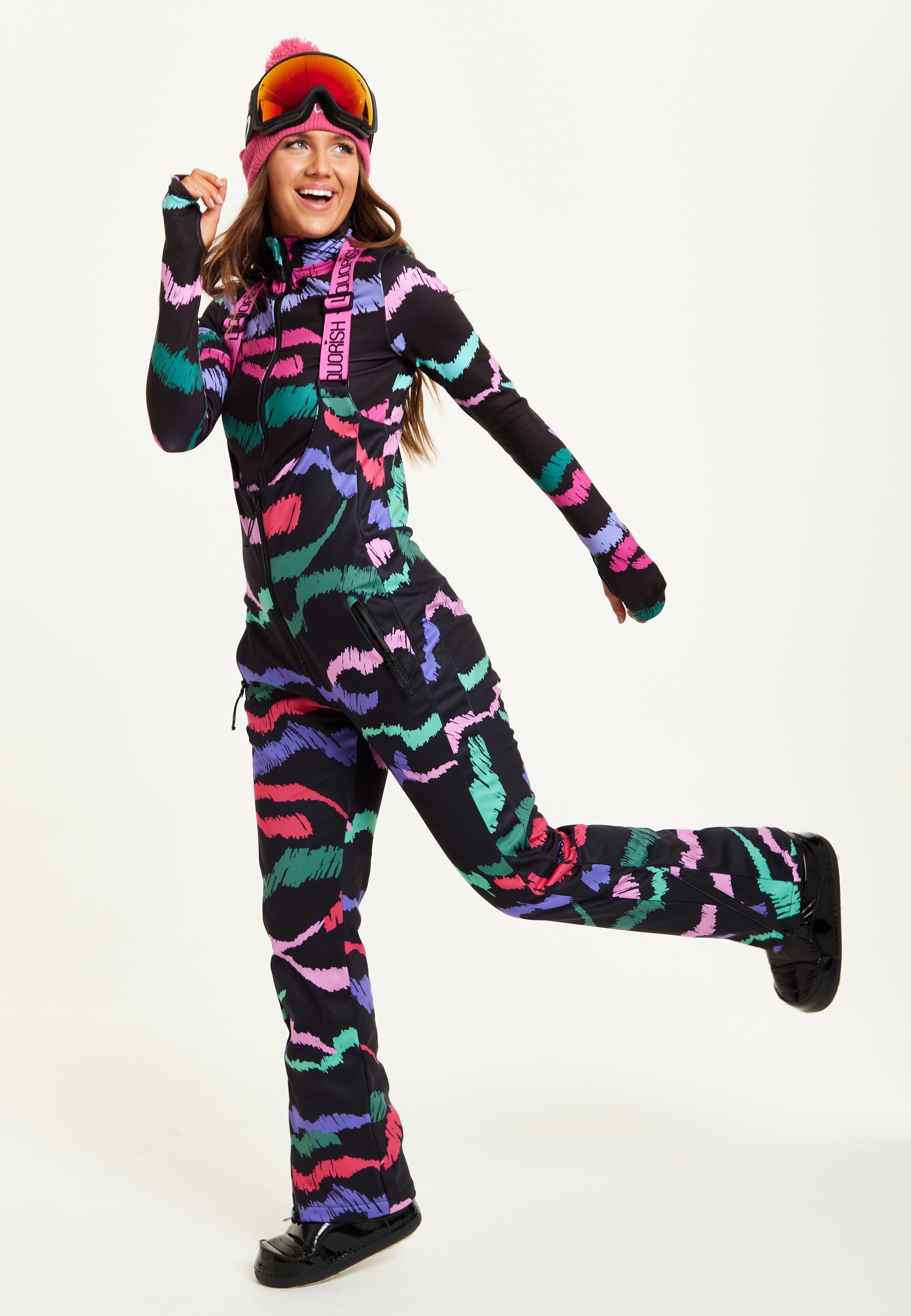 Women's Ski Waterproof Sleeveless Salopette in Black Abstract Print with Adjustable Straps and Zip Side Pockets