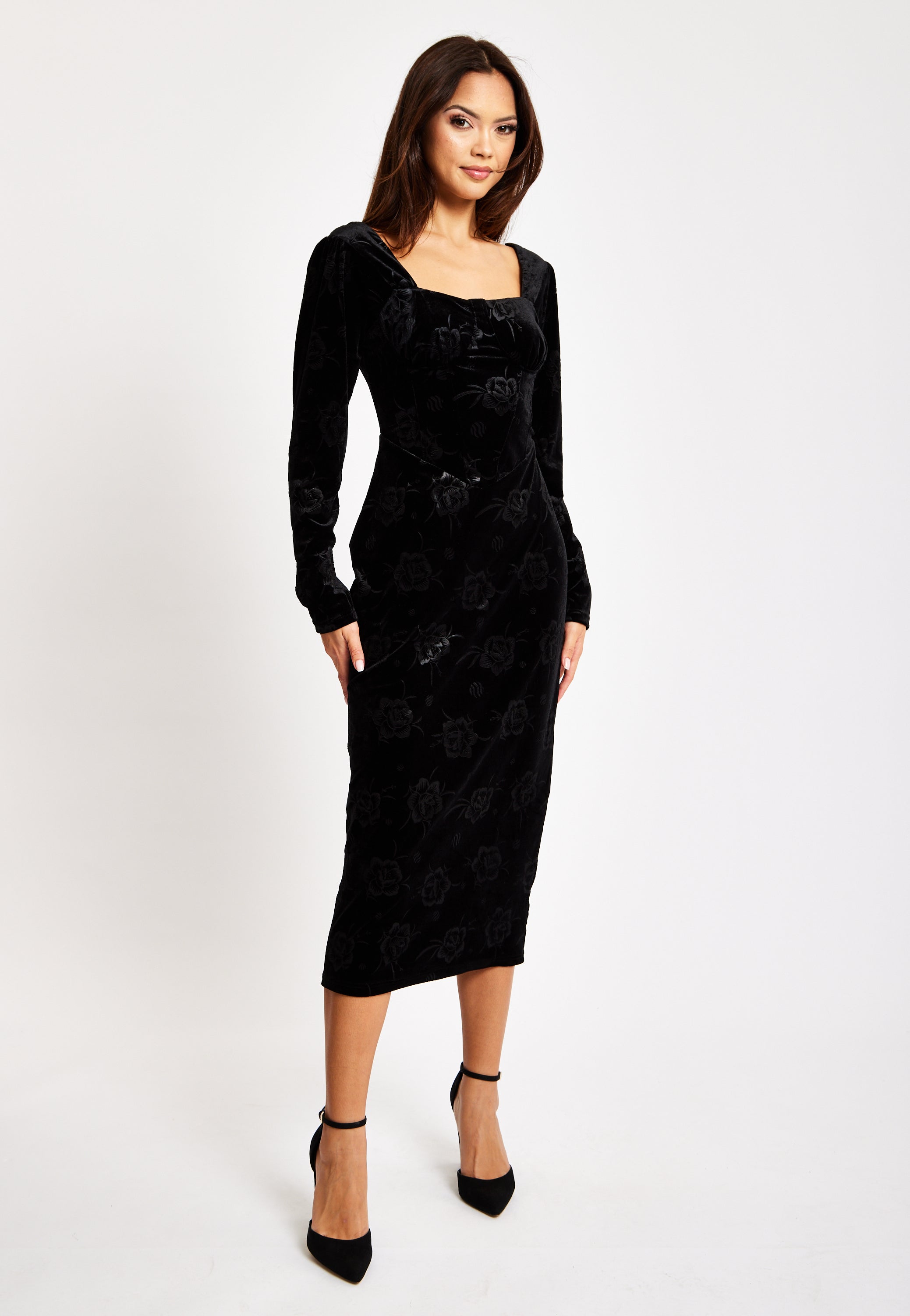 Women's Midi Dress with Long Balloon Sleeves in Black Velvet - Corset Detail by Liquorish