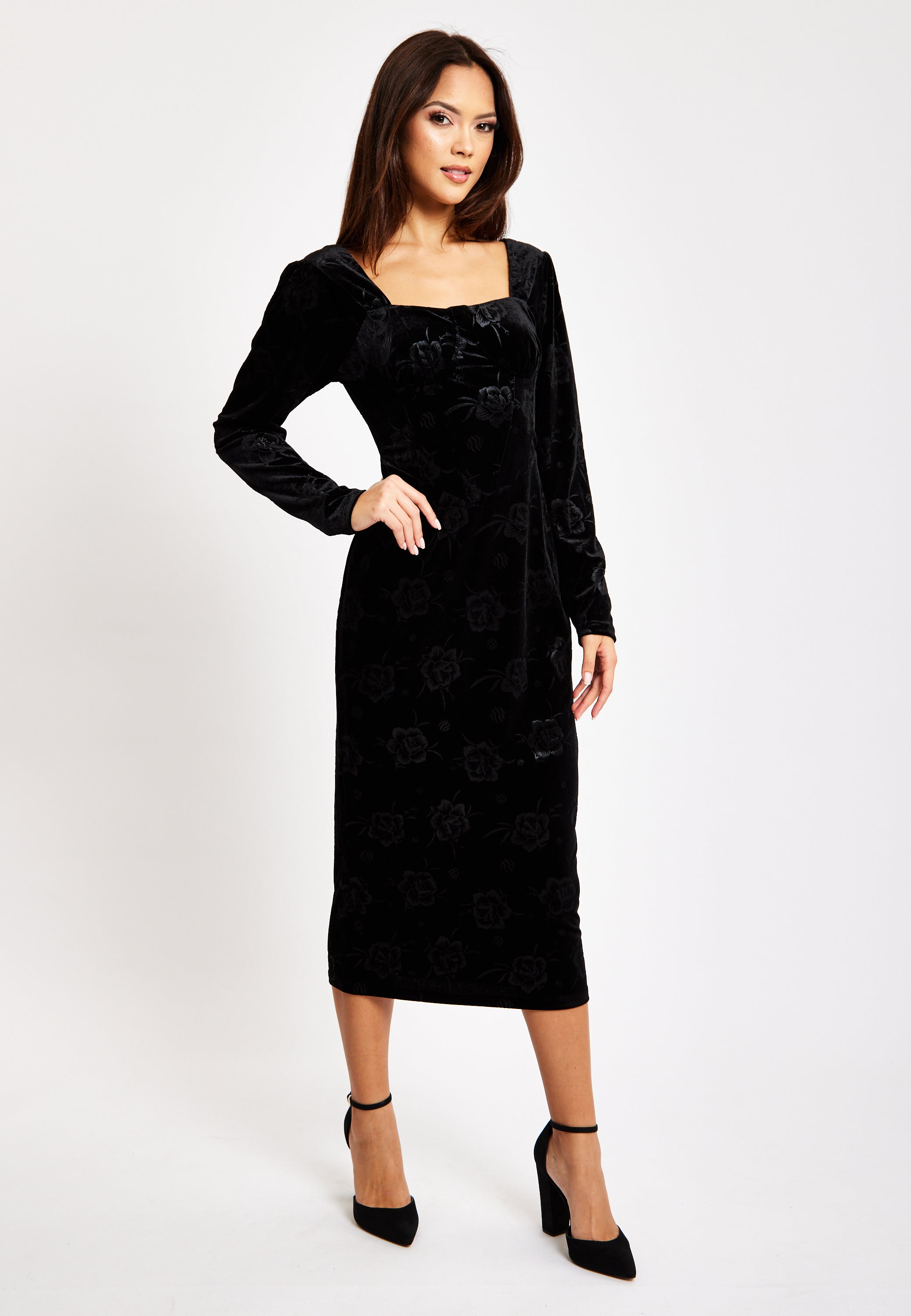 Women's Midi Dress with Long Balloon Sleeves in Black Velvet - Corset Detail by Liquorish