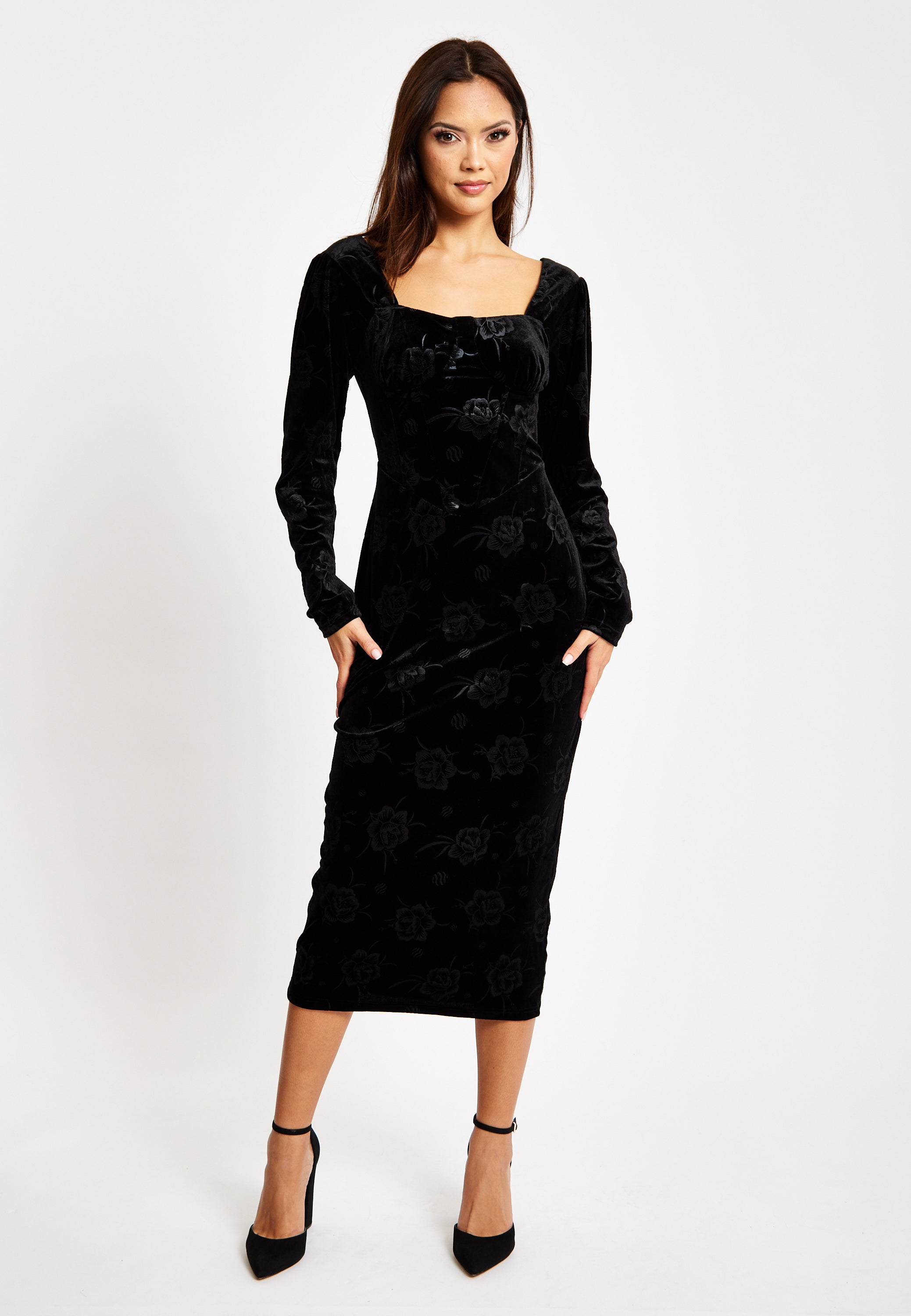 Women's Midi Dress with Long Balloon Sleeves in Black Velvet - Corset Detail by Liquorish