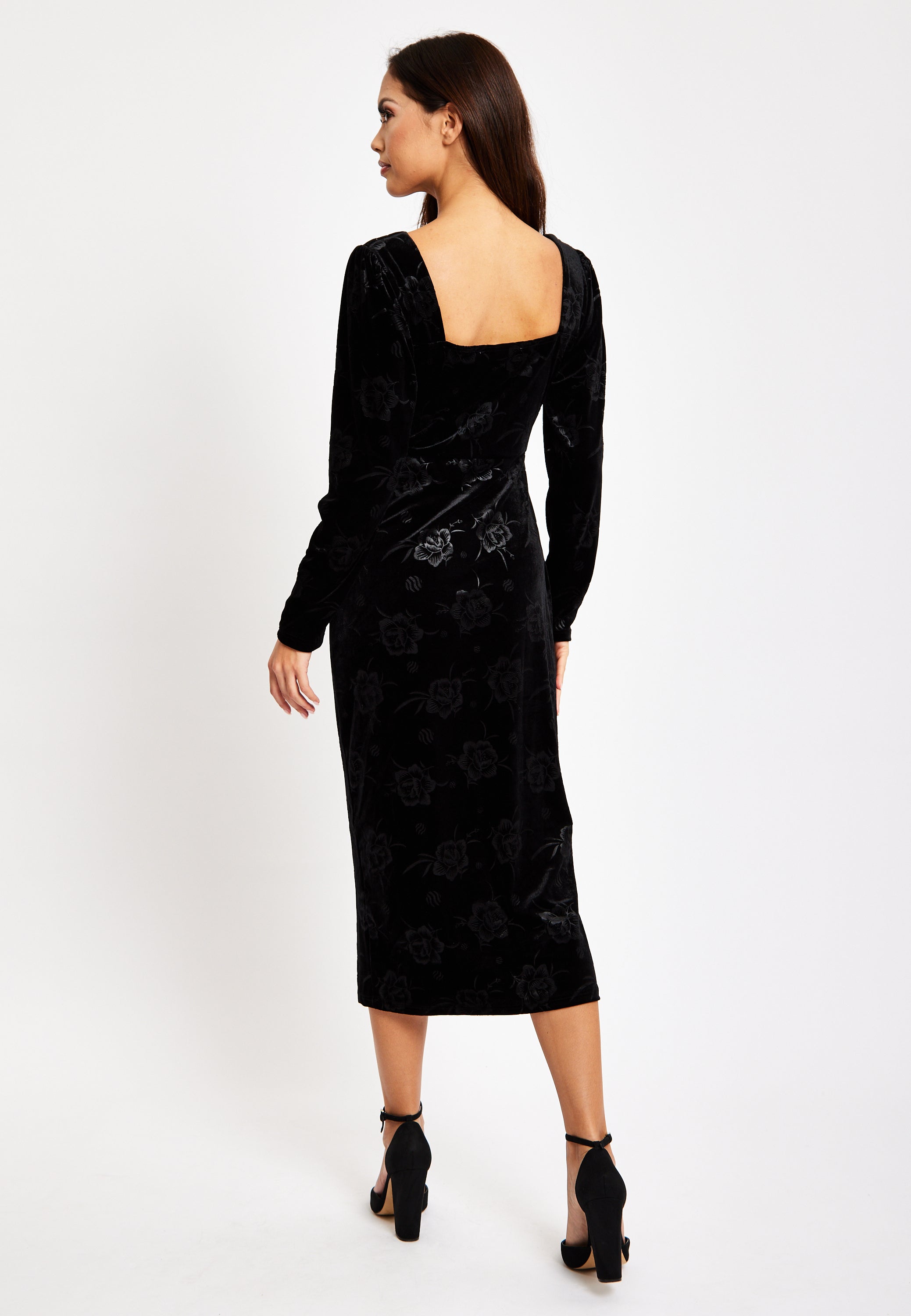 Women's Midi Dress with Long Balloon Sleeves in Black Velvet - Corset Detail by Liquorish