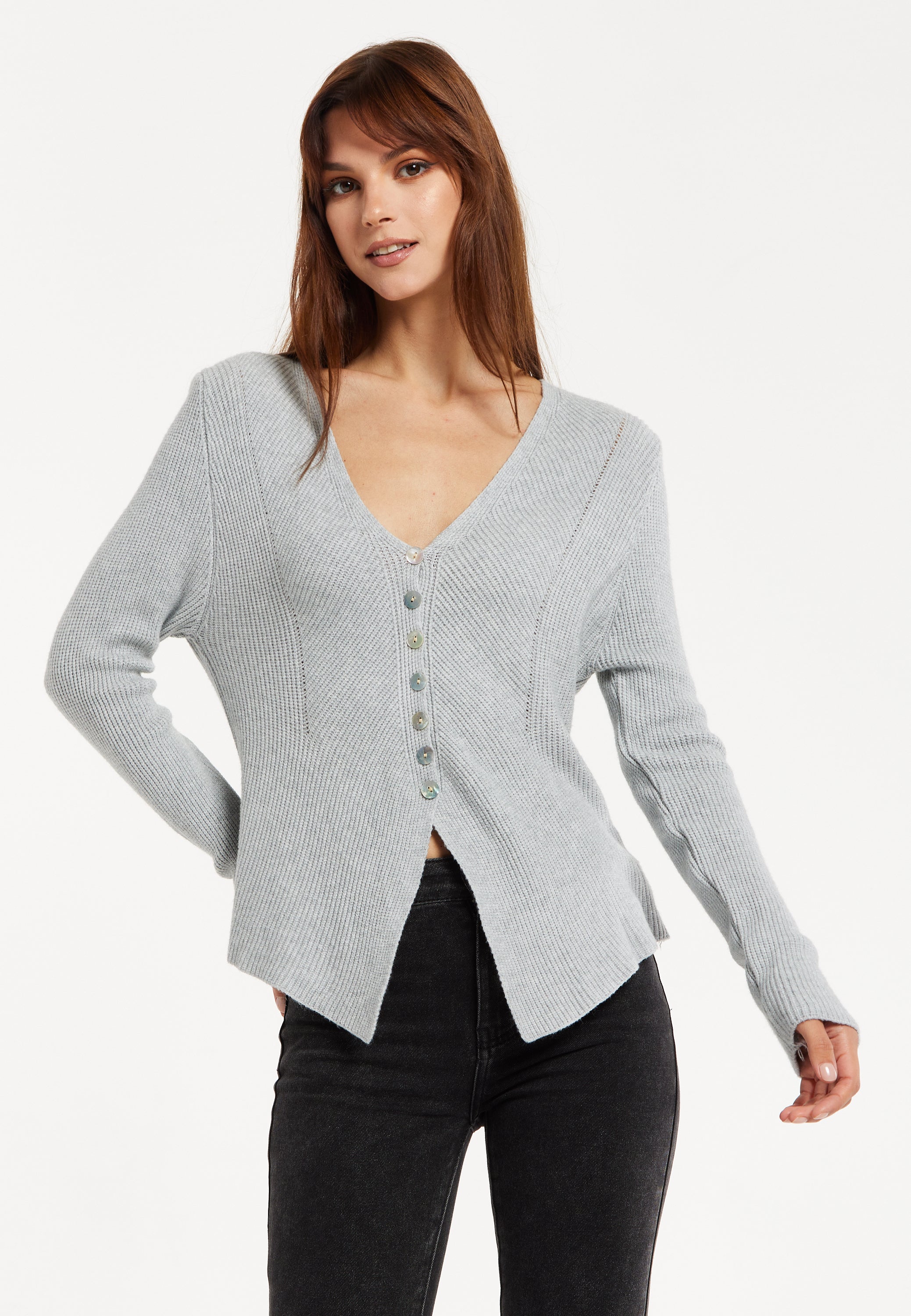 Women's Cardigan in Grey, Ribbed Knit with Button-Down Closure, Long Sleeves, Chic Design by Liquorish
