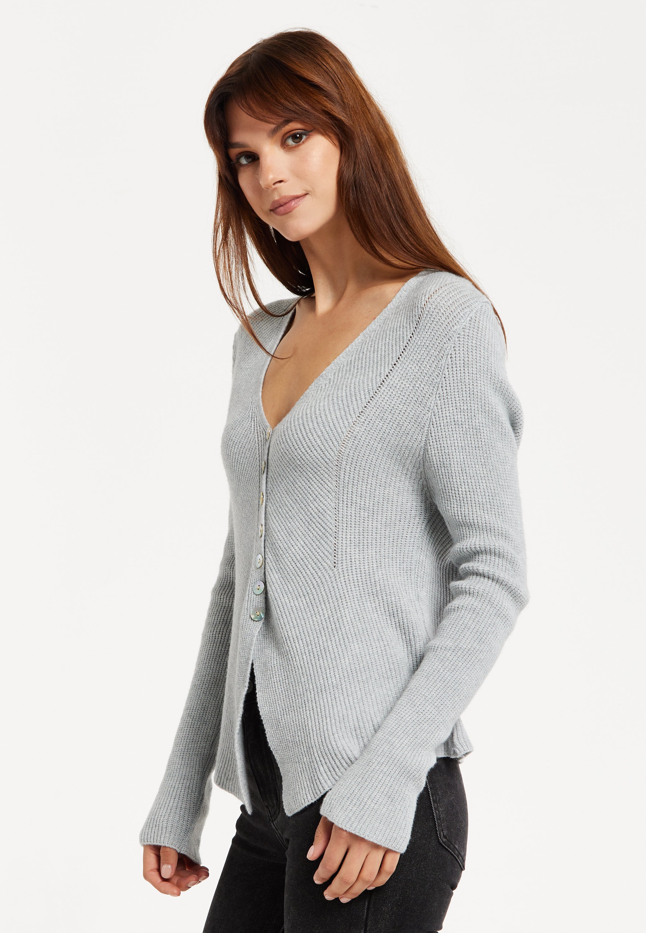 Women's Cardigan in Grey, Ribbed Knit with Button-Down Closure, Long Sleeves, Chic Design by Liquorish