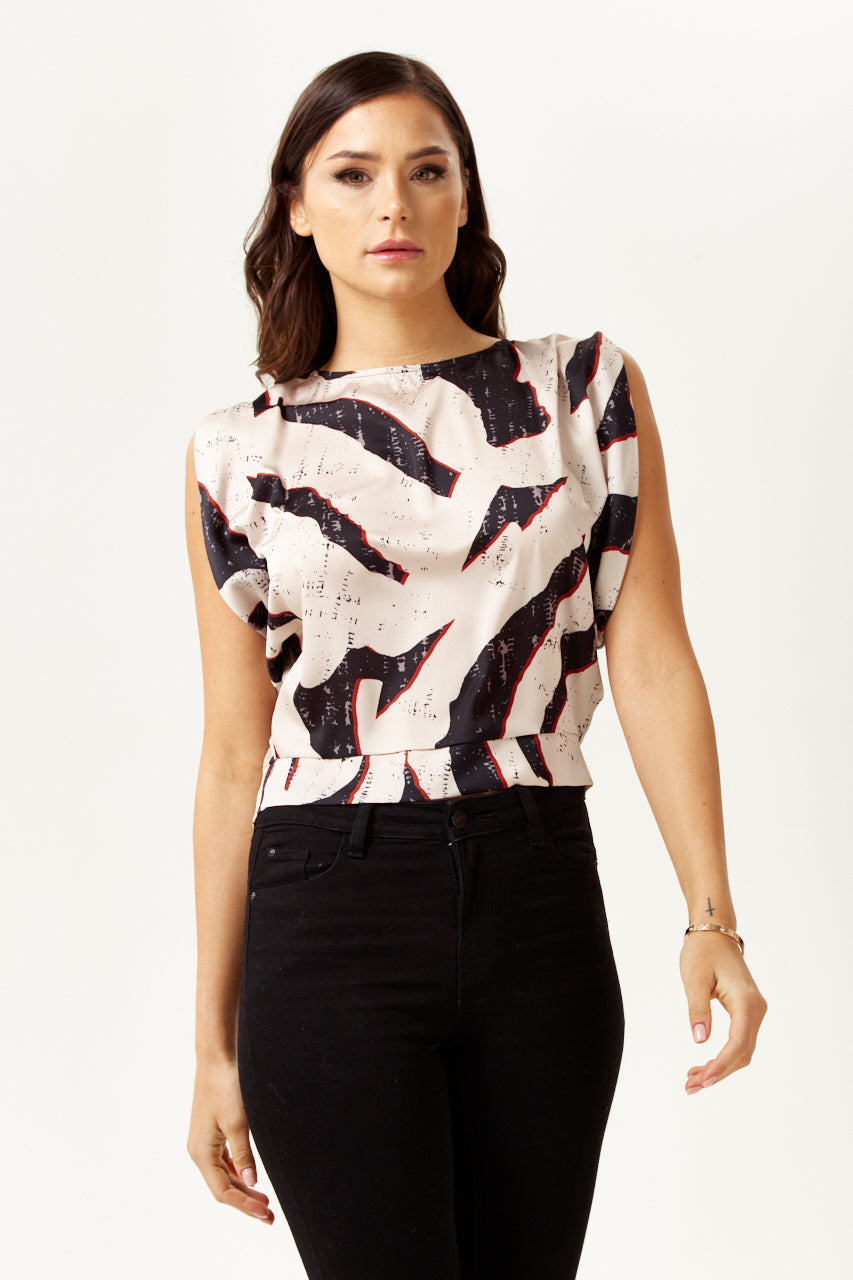 Women's Divine Grace Abstract Print Open Back Top with Tie Waist, Short Sleeves, Stylish Design, Regular Fit