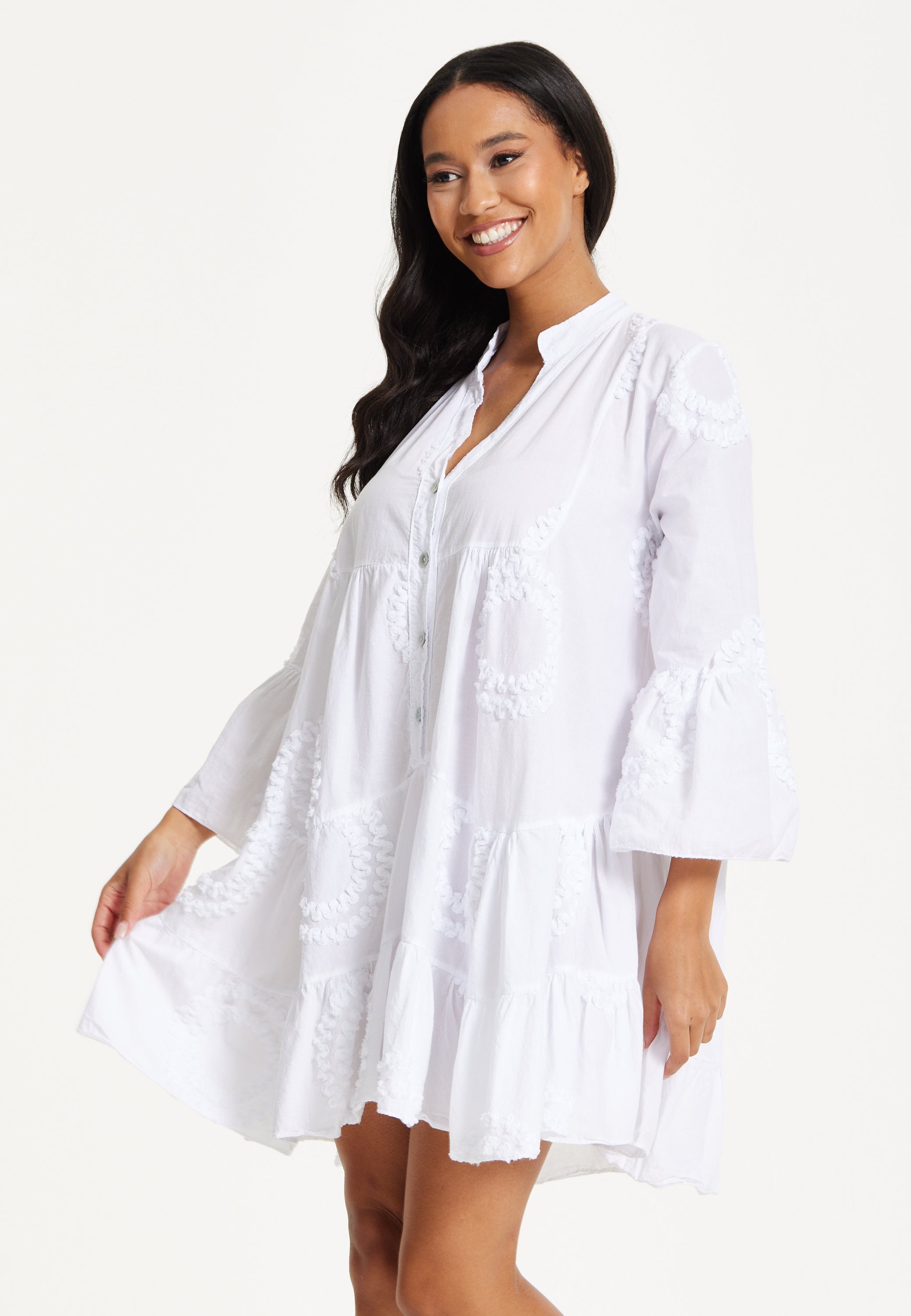 White Tiered Button Front Mini Dress