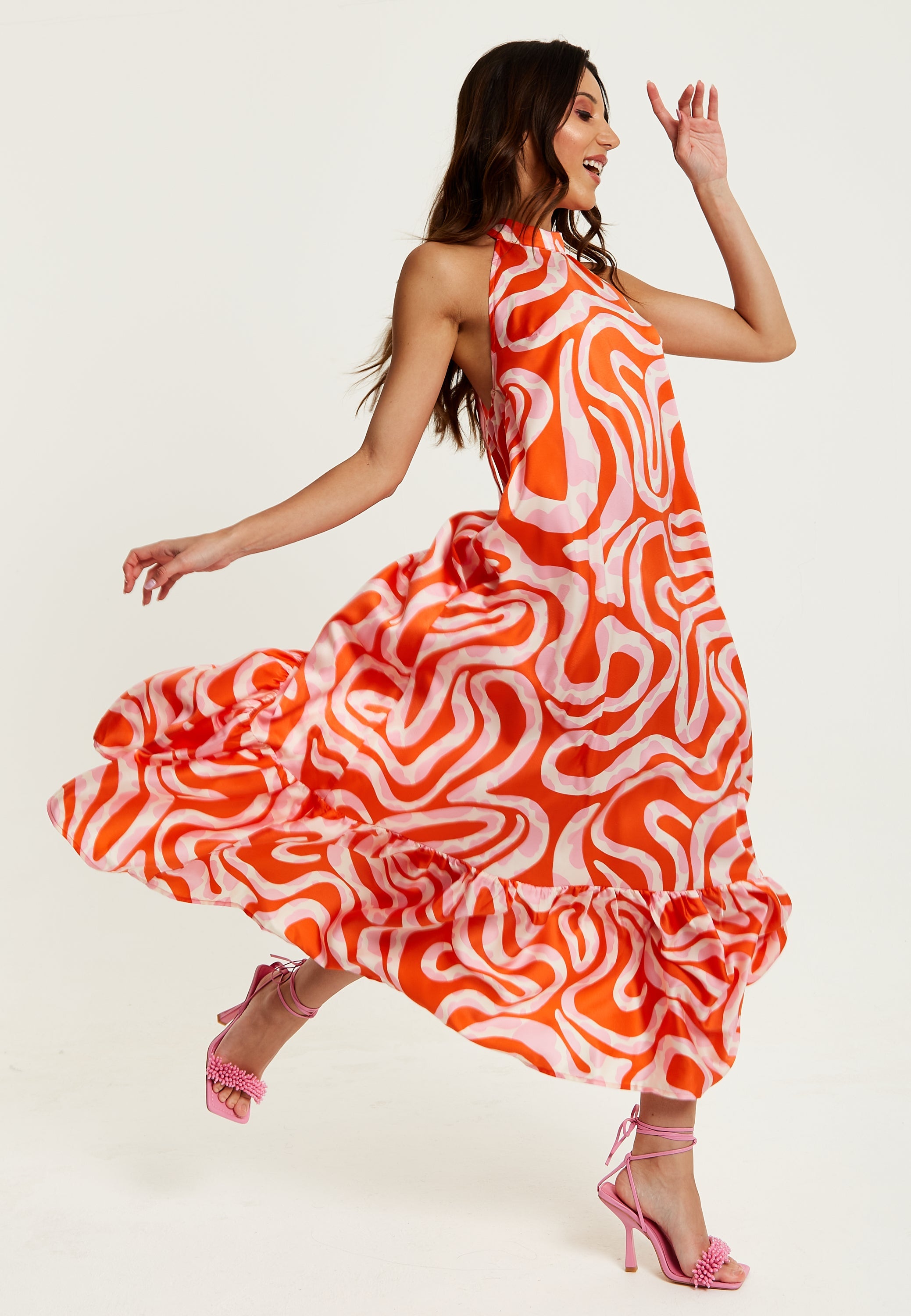 Women's Maxi Dress in Pink and Red Abstract Print, Sleeveless Halter Neck Smock Style, Effortless Elegance by Liquorish