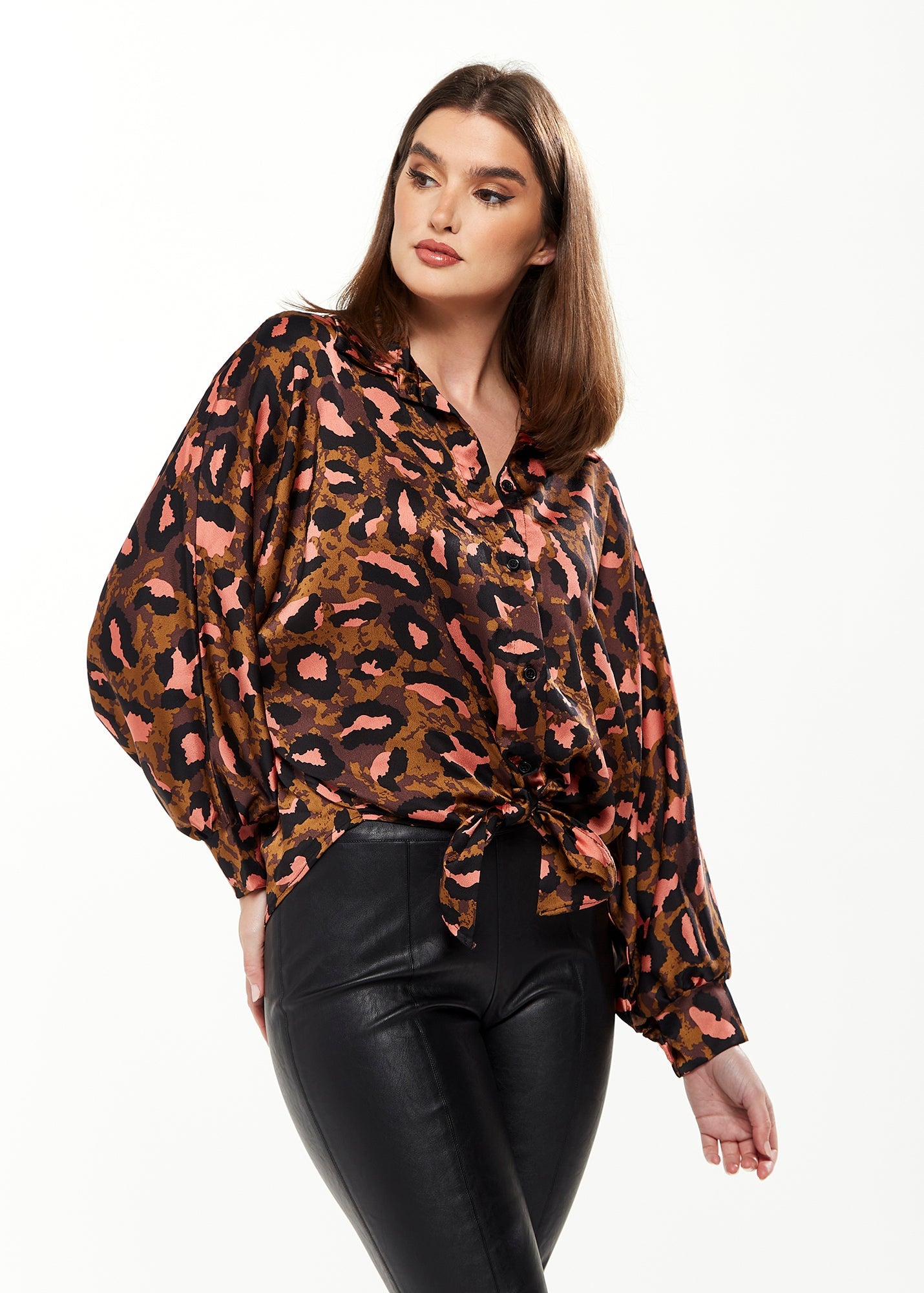 Women's Divine Grace Blouse with Front Tie in Brown & Coral Leopard Print - Long Sleeve, Button Front, Collar, Cuffs